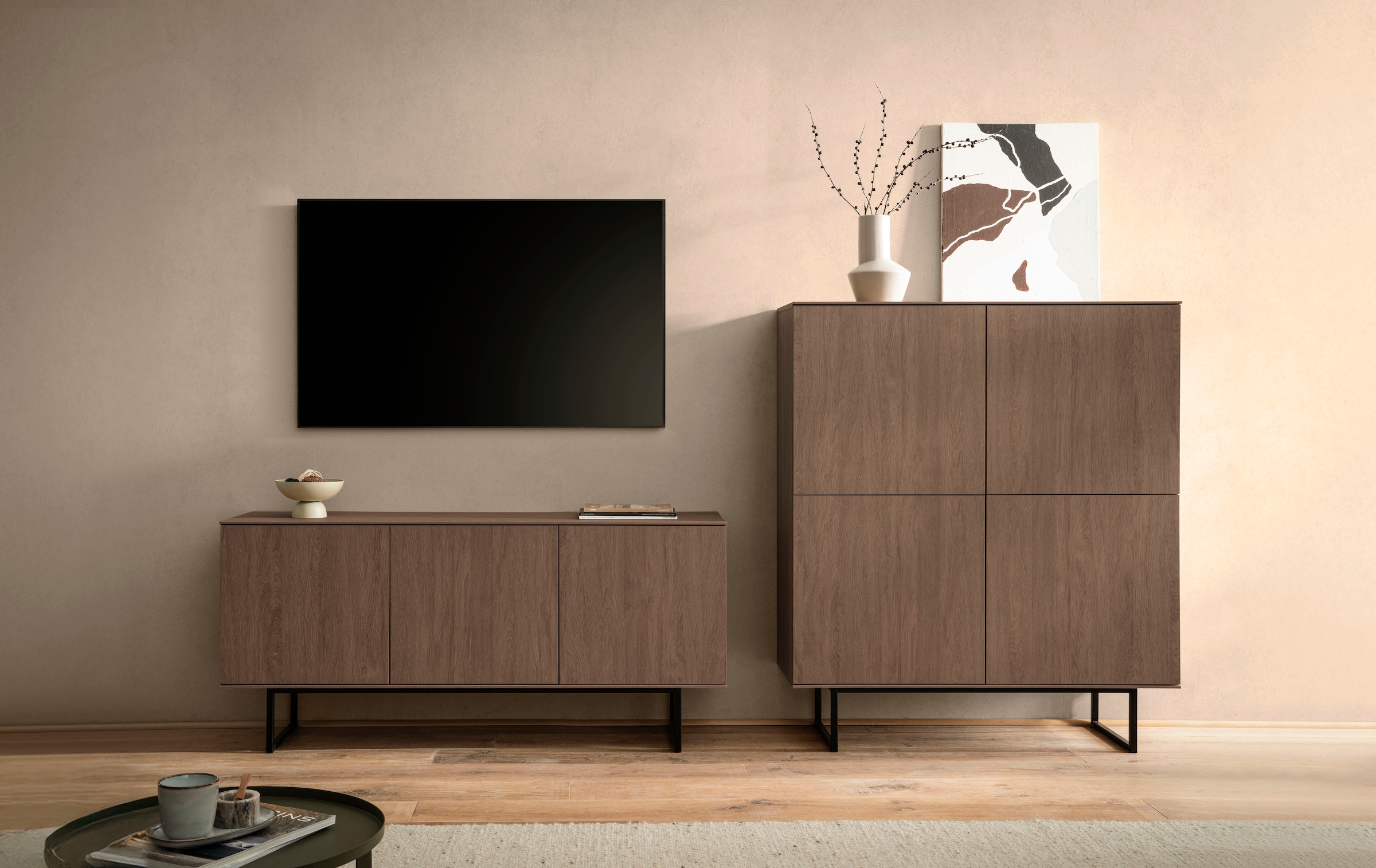 Home affaire Wohnzimmer-Set »Lund, moderne Anbauwand, Wohnzimmer-Set in Stone Oak oder Nussbaum« 2 Stk. tlg.