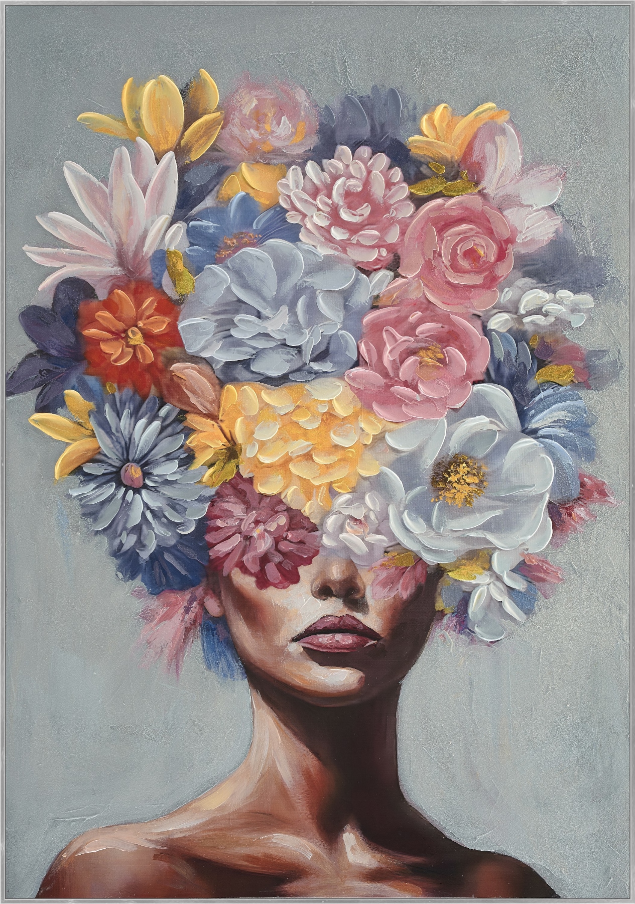 Bönninghoff Ölgemälde "handarbeit gerahmt FRAU MIT BLUMEN 60x90 cm – Wandbild Deko" Blumen Frau Portrait 1 Stk. tlg. handgefertigt, jedes Bild ein Unikat, Schattenfugenrahmen
