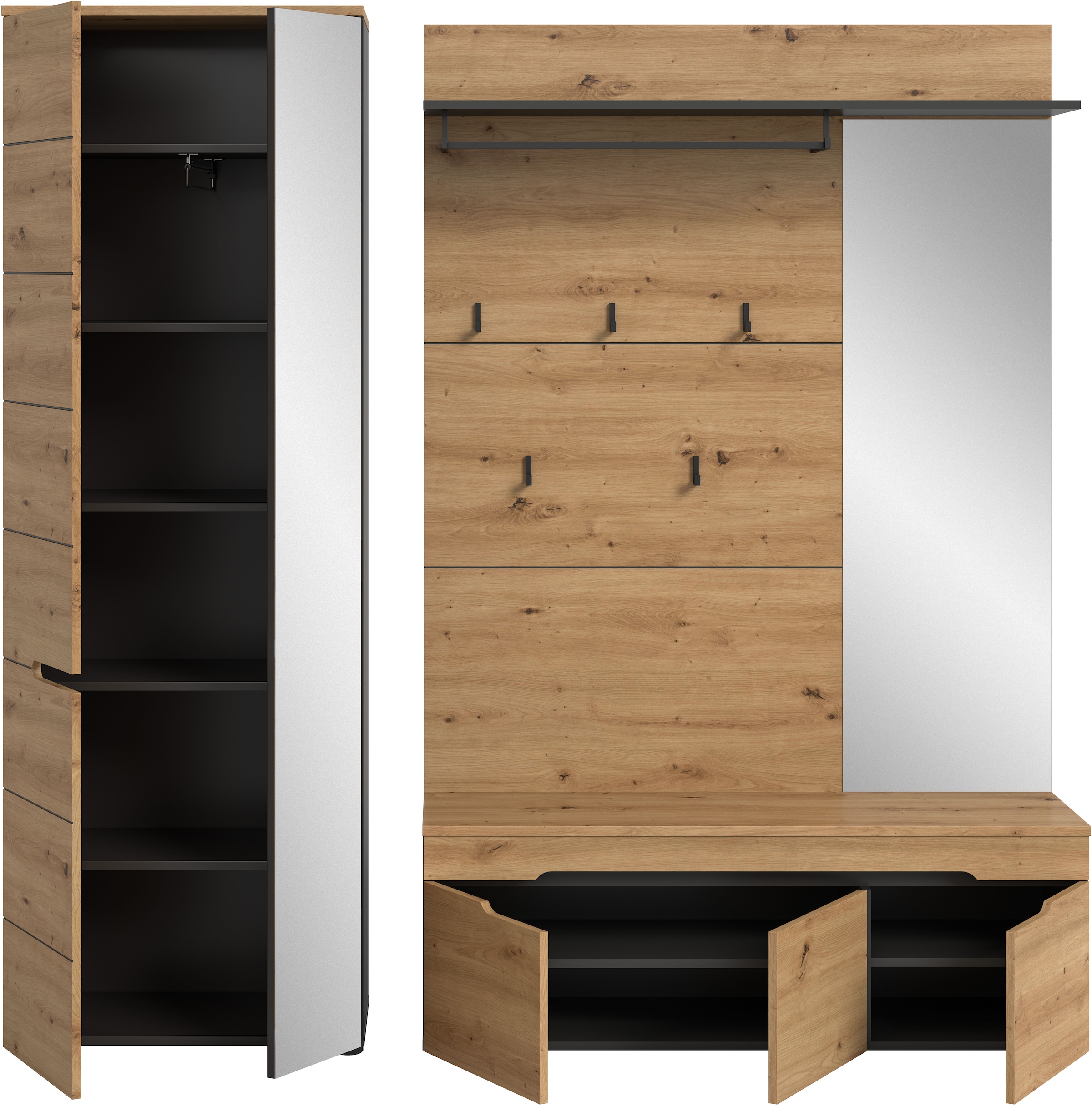 Home affaire Garderoben-Set »REHAT, TOPSELLER!, 3-teilig, Breite 200 cm, individuell stellbar« Set, best. aus: Garderobenschrank, Sitzbank & Garderobenpaneel, 3 Stk. tlg.