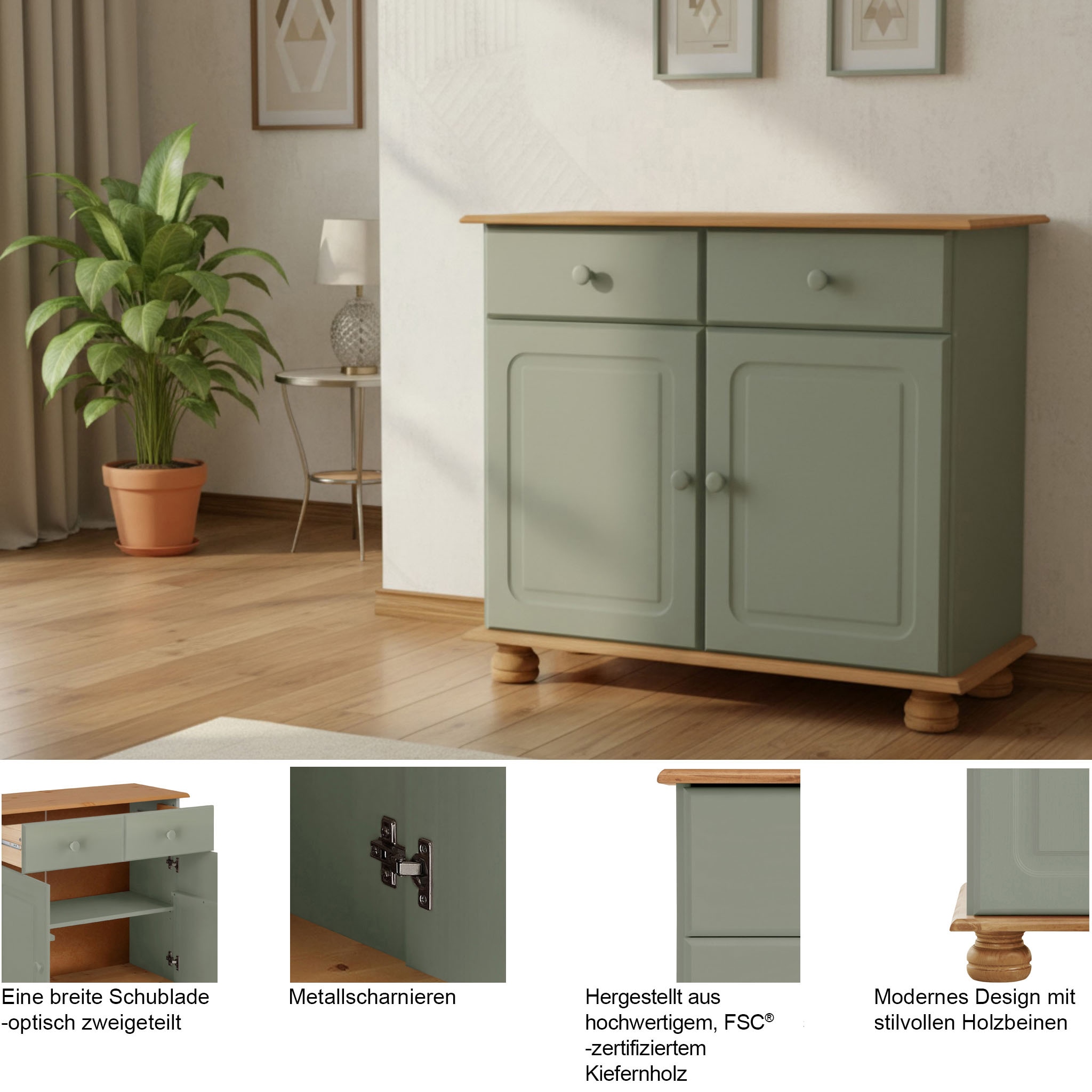 OTTO home Sideboard »Mette Kommode mit 2 Türen & 1 Schubladen, die optisch geteilt ist« Kommode mit gefrästen, kugelförmigen Füßen, 2 Türen und 1 Schublade