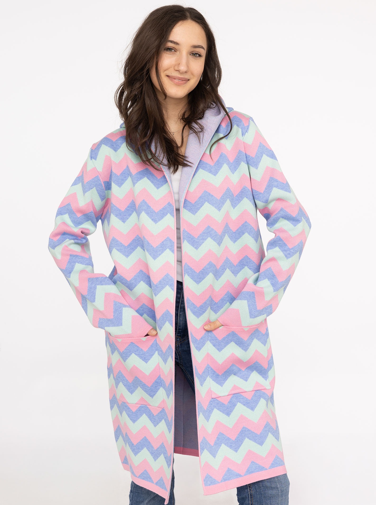 Zwillingsherz Longstrickjacke ""Schalkragen & ZickZack"" Zick-Zack-Muster, Schalkragen, Taschen, Langarm, knielang