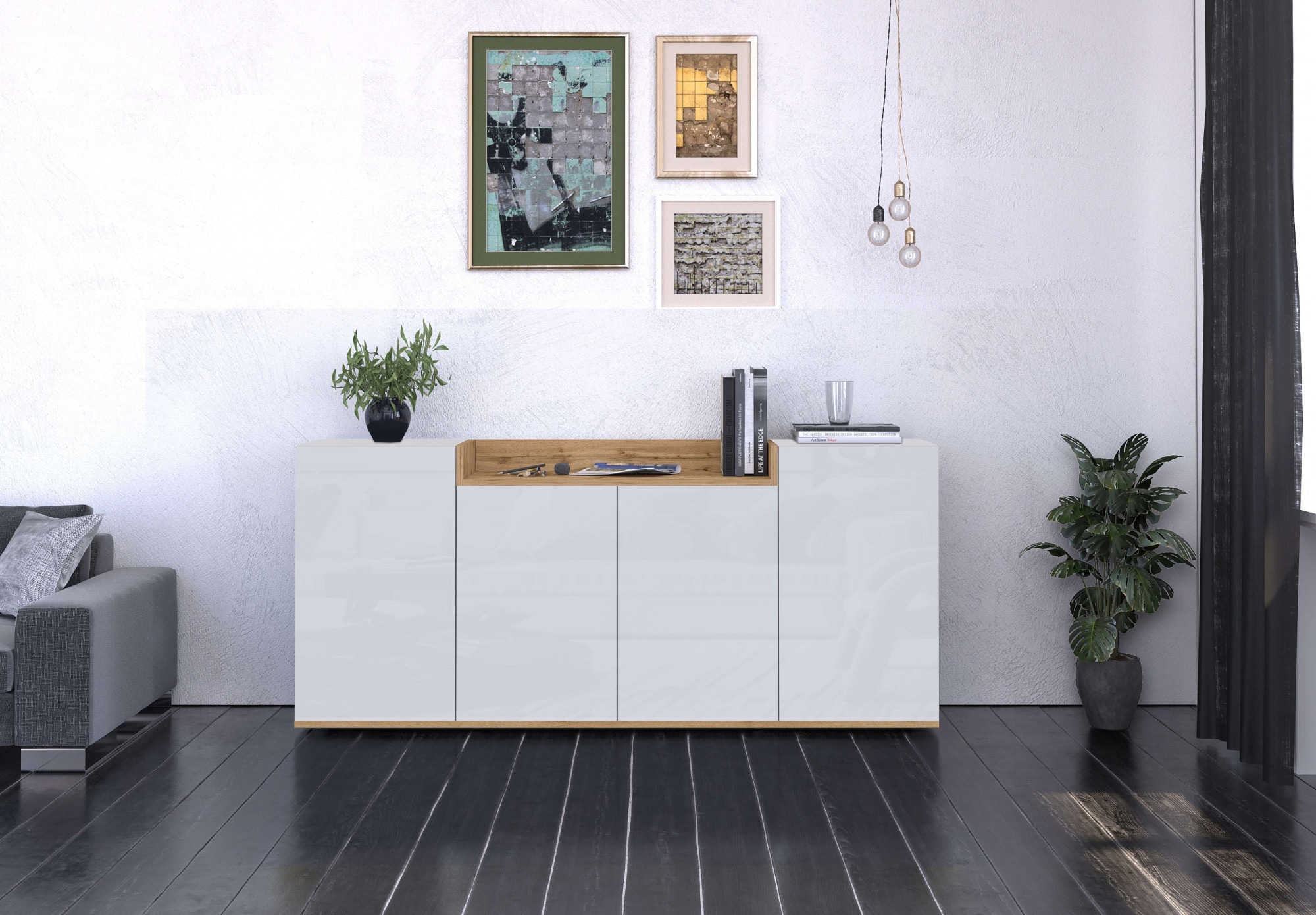 OTTO home Sideboard »BOLSENA, Kommode, Schrank,Lowboard mit 6 Fächer und offenes Ablagefach« 1 Stk. tlg. Breite 160 cm,stehend/hängend,Fronten Hochglanz lackiert,Made in Italy