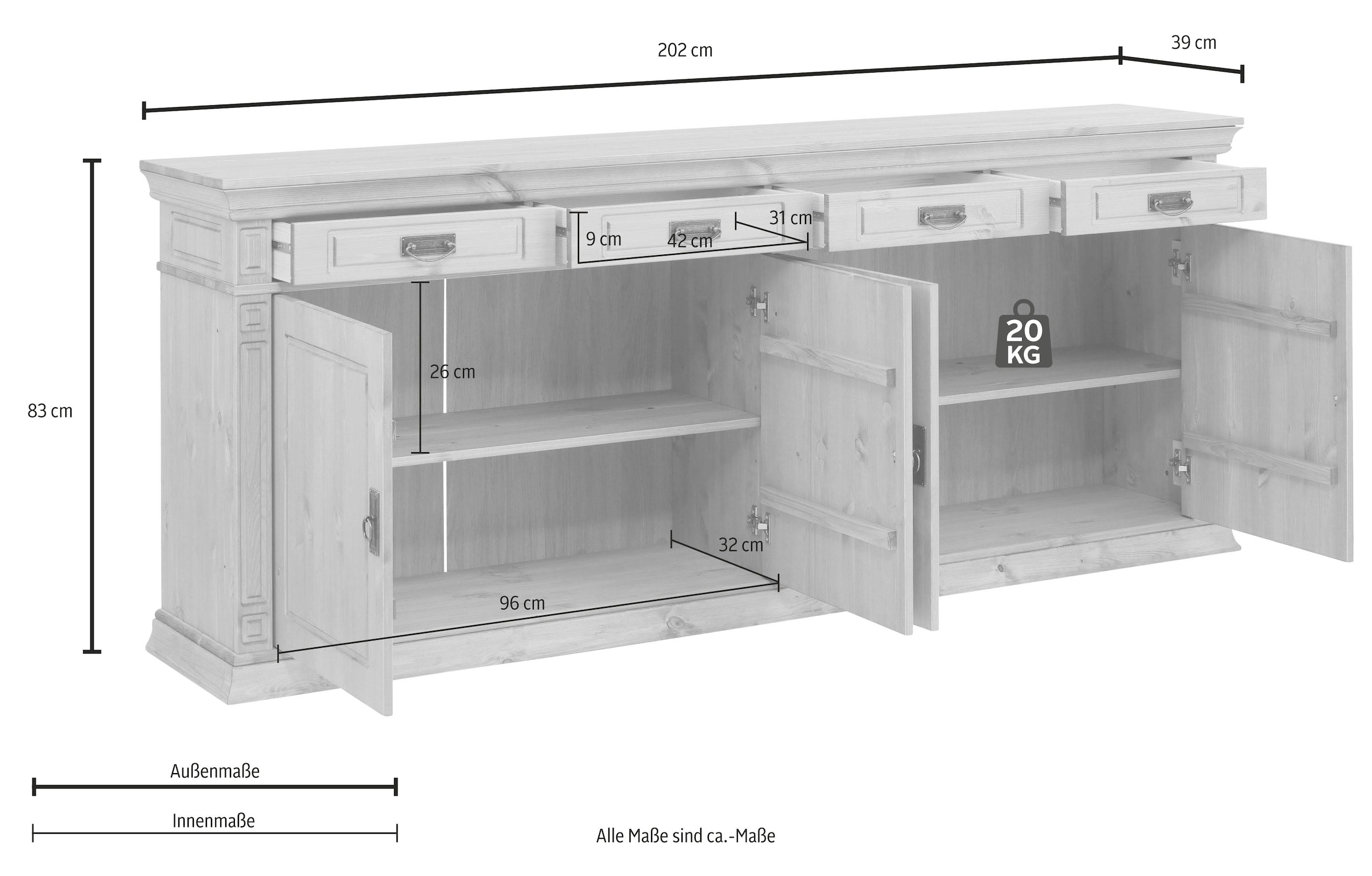 Home affaire Sideboard »Vinales«, im klassischen Landhausstil, Breite 204 cm