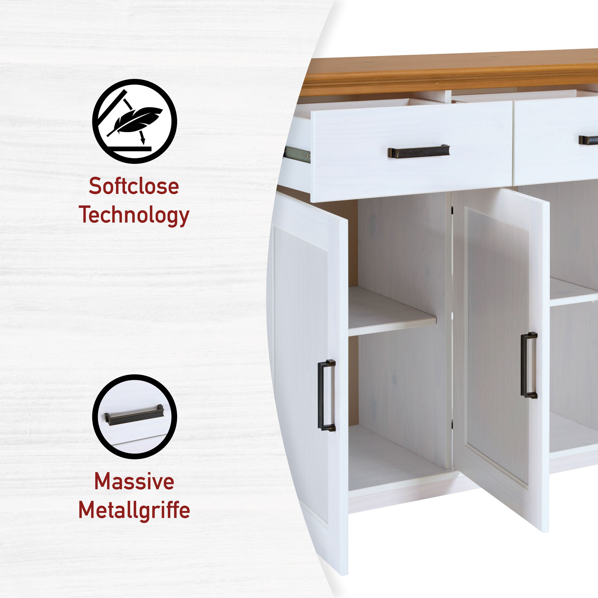 Inter Link Sideboard »Maluno« 1 Stk. tlg. Kiefer Massiv, Soft-Close, Stauraum, BxTxH: ca. 166,4 x 48,3 x 104 cm