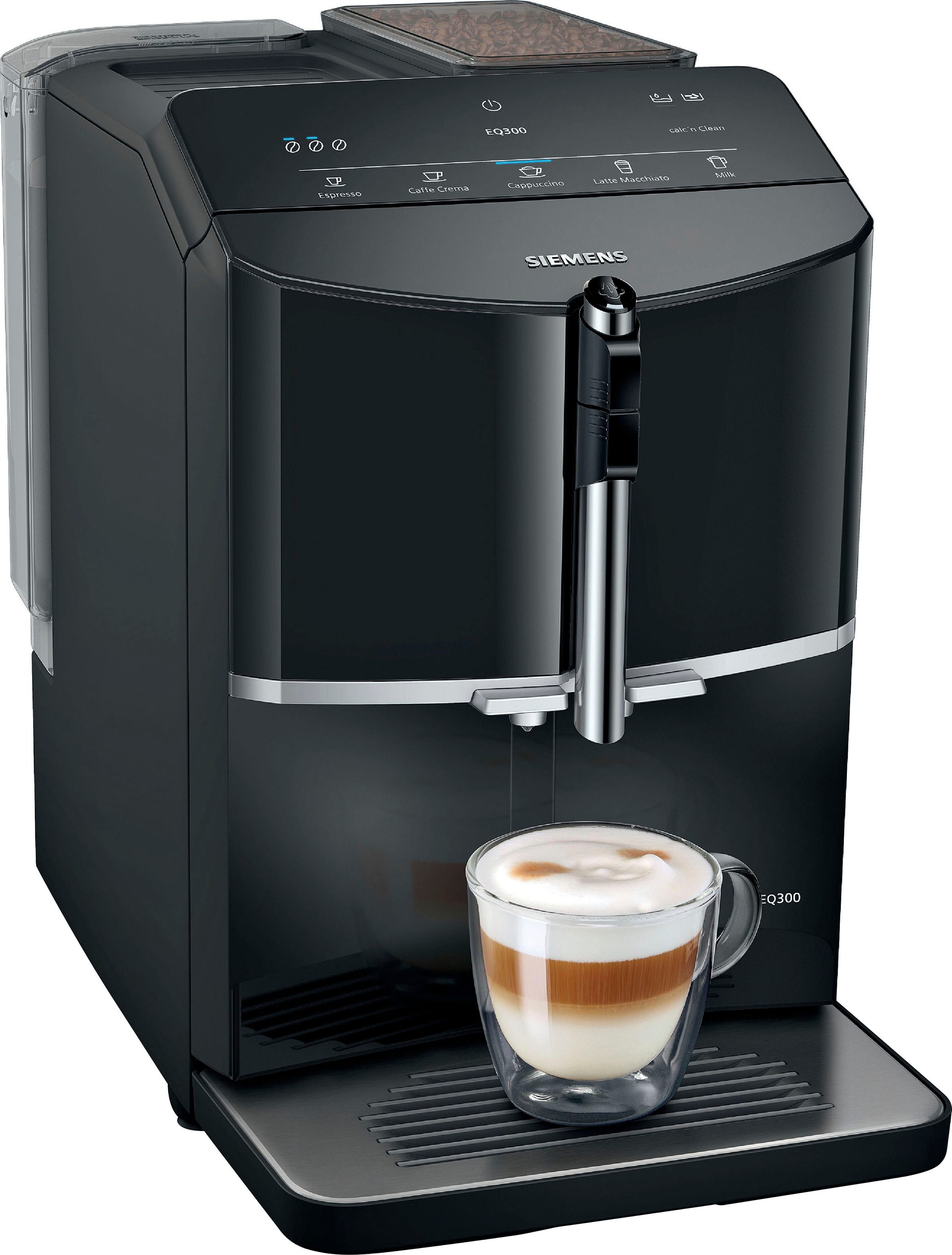 SIEMENS Kaffeevollautomat "EQ300 TF301E19, viele Kaffeespezialitäten, OneTouch-Funktion", Milchaufschäumer, Keramikmahlw