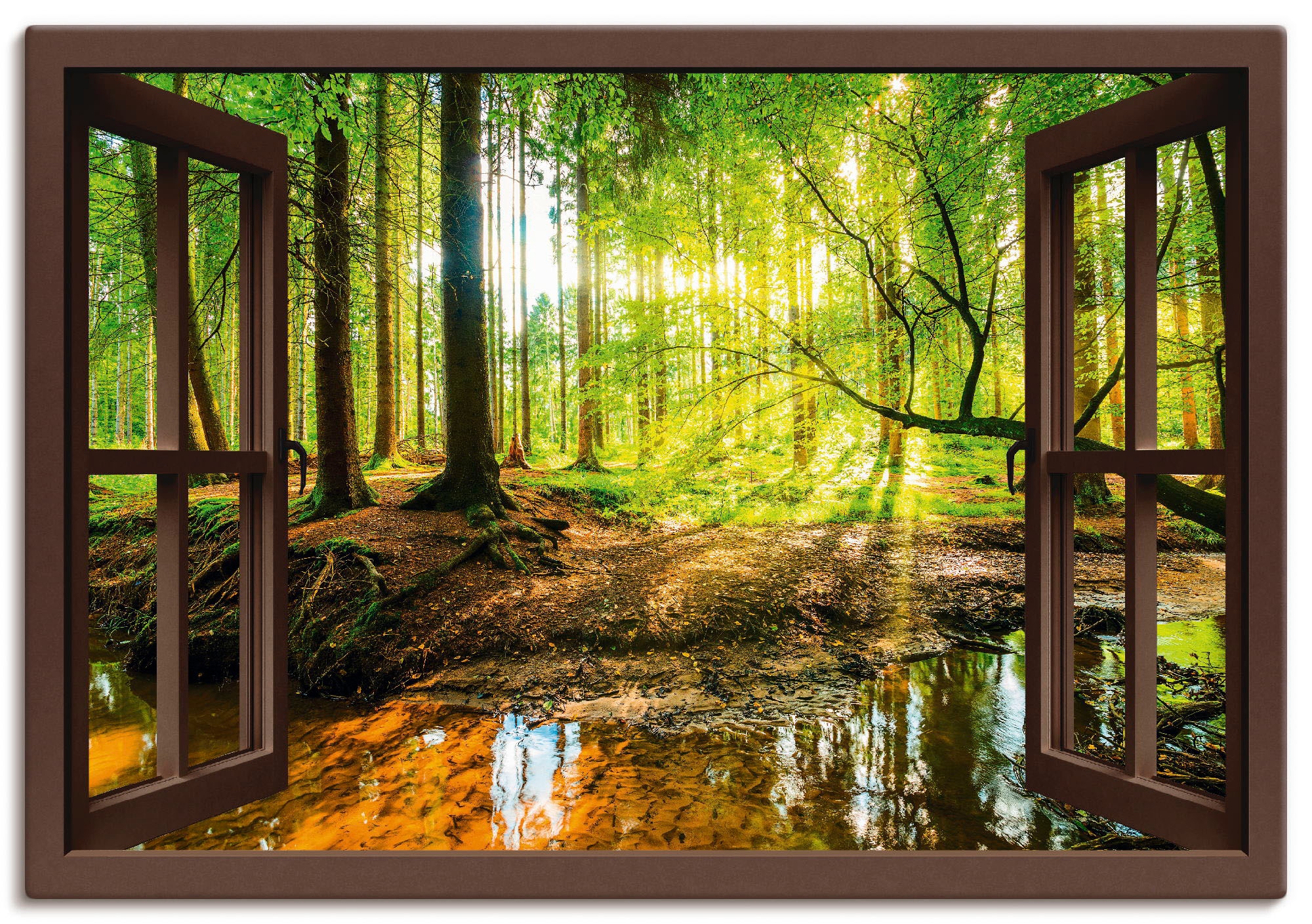 Wandbild »Fensterblick - Wald mit Bach«, Wald, (1 St.), als Leinwandbild, Poster,...