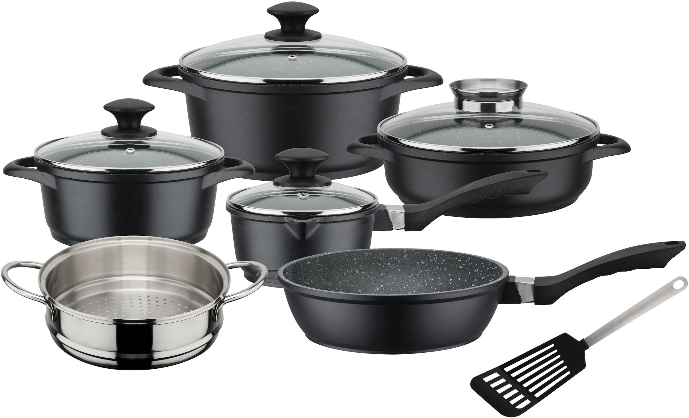 Gsw Topf-Set "Gourmet Granit" Set, Kochtopf 20/24, Stieltopf 16, 2 Pfannen 24cm, 1 Dämpfer, Pfannenwender, 11 Stk. Tlg. Aluminiumguss