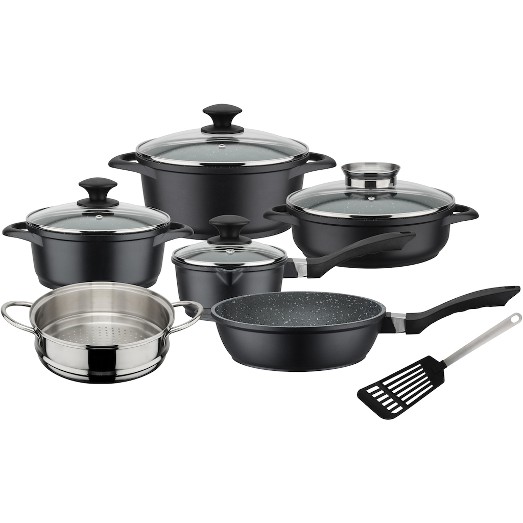 GSW Topf-Set »Gourmet Granit«, Aluminiumguss, (Set, 11 tlg., Kochtopf 20/24, Stieltopf 16, 2 Pfannen 24cm, 1 Dämpfer, Pfannenwender), Induktion