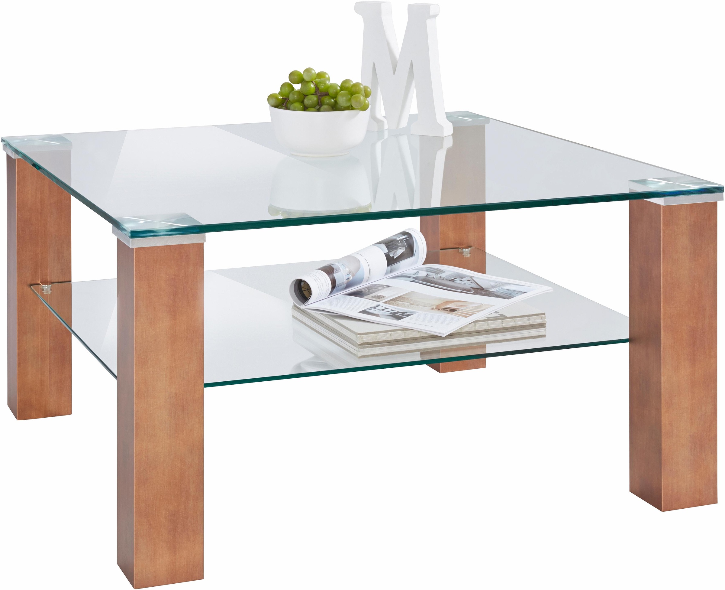 PRO Line Couchtisch, mit Glasplatte, Ablageboden aus Glas, Gestell aus Holz kupferfarbig