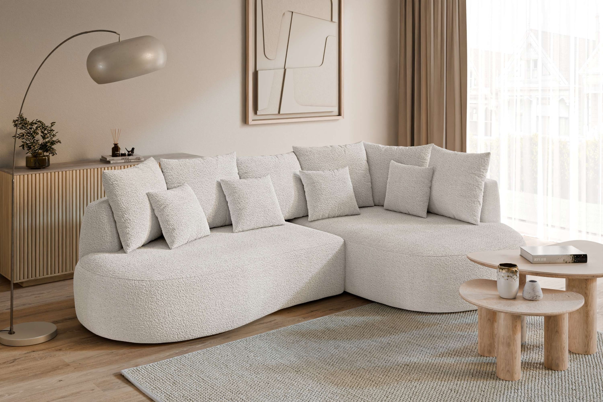 homsy by Ana Johnson Ecksofa "PEBBLA L-Form mit vielen Kissen, modernes Design, Bezug- Boucle" Breite 267 cm, Design-Sofa mit Ottomane recht/links bestellbar