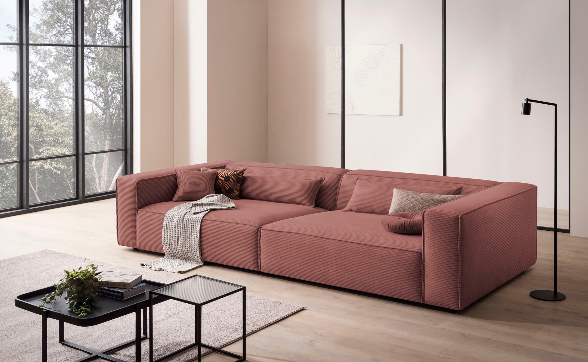 LeGer Home by Lena Gercke 3-Sitzer »PIARA, XXL Sofa mit Kedernaht, Big-Sofa in Cord oder Leinenoptik«, schwarze Füße, bequemer Sitzkomfort, extra tiefe Sitzfläche