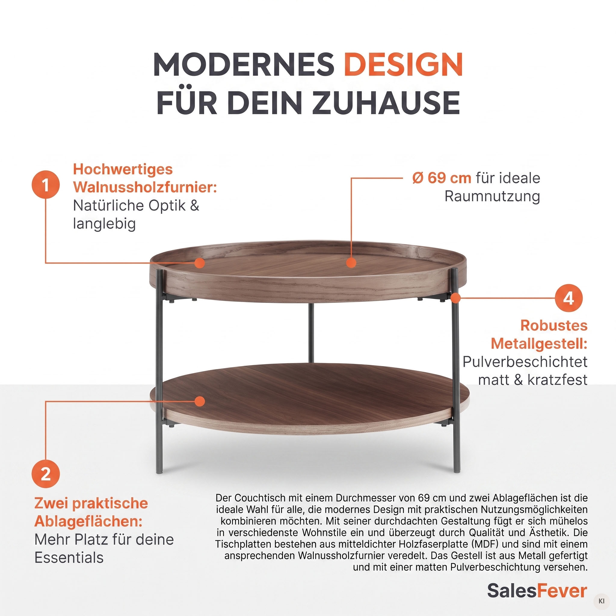 SalesFever Couchtisch »Chicago mit 2 Ablageflächen – moderner Design-Coffee-Table« 1 Stk. tlg. Stilvoller Wohnzimmertisch mit Stauraum, Holz & Metall