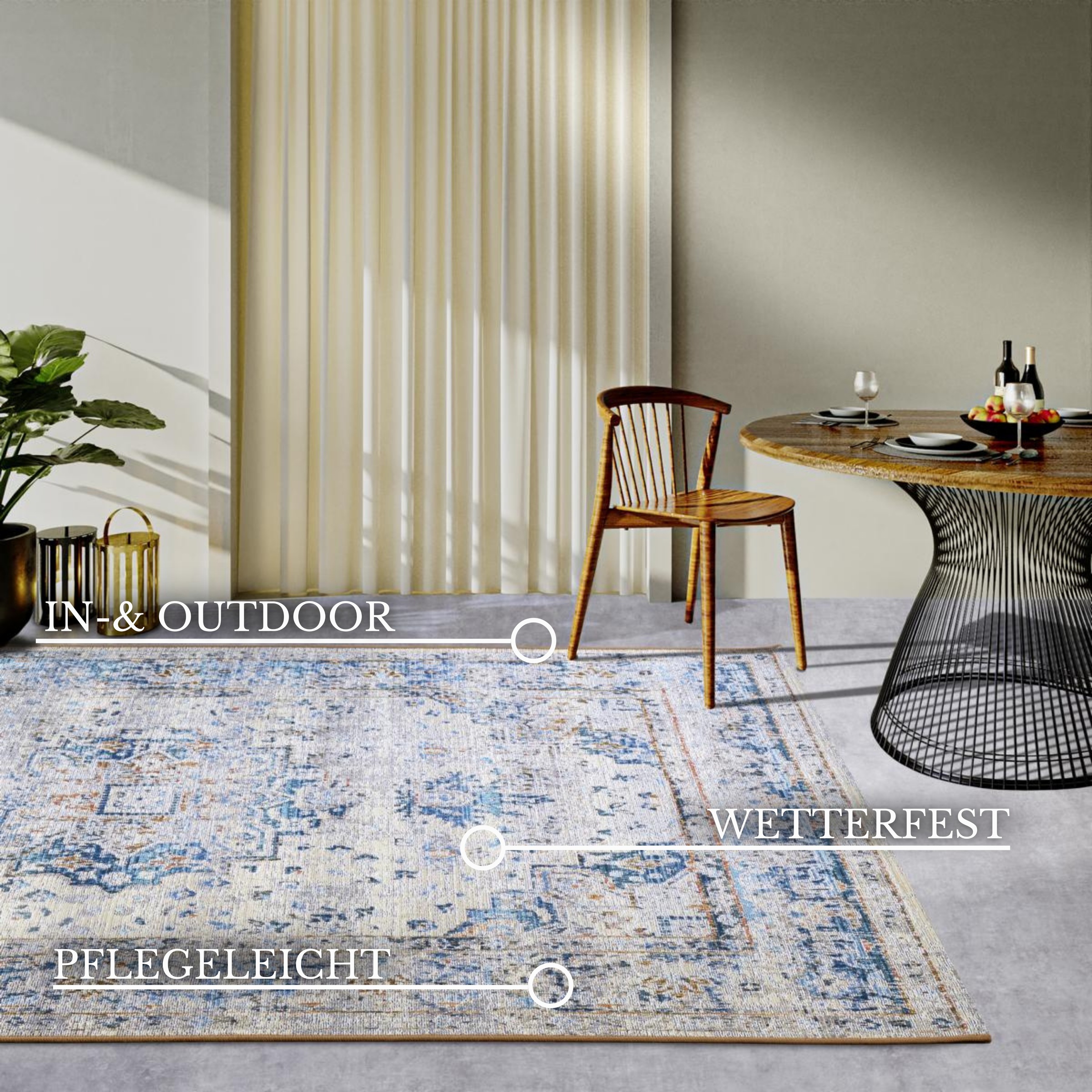 Outdoorteppich VILLEROY & BOCH "Rene", blau (creme,blau), B:160cm H:3mm L:235cm, Polyester, Polypropylen, Teppiche, Outdoorteppich, Outdoor, Flachgewebe, wetterfest, Balkon, Garten, Klassisch, Terrasse 2