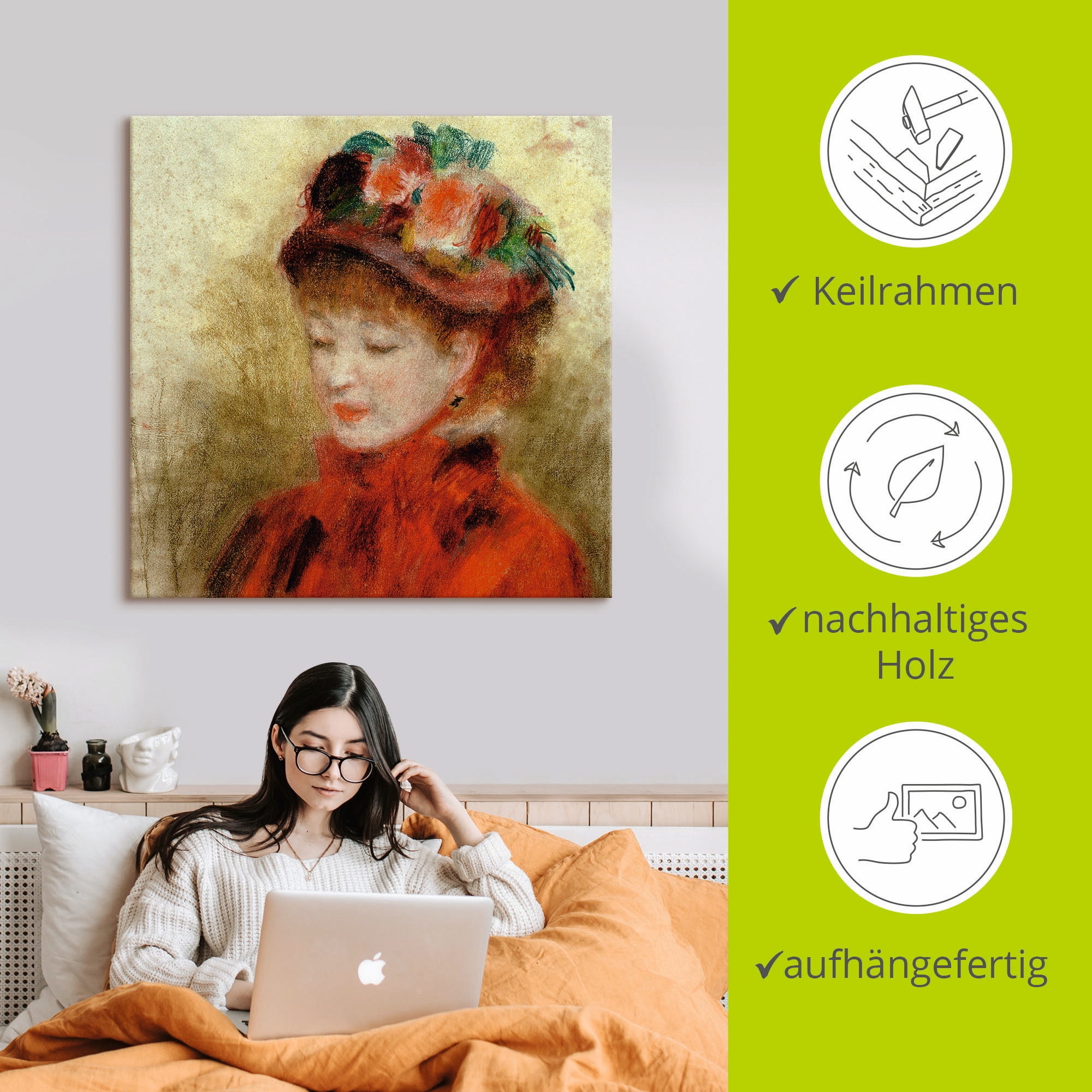 Artland Leinwandbild »Junge Frau mit Blumenhut«, Frau, (1 St.), auf Keilrahmen gespannt