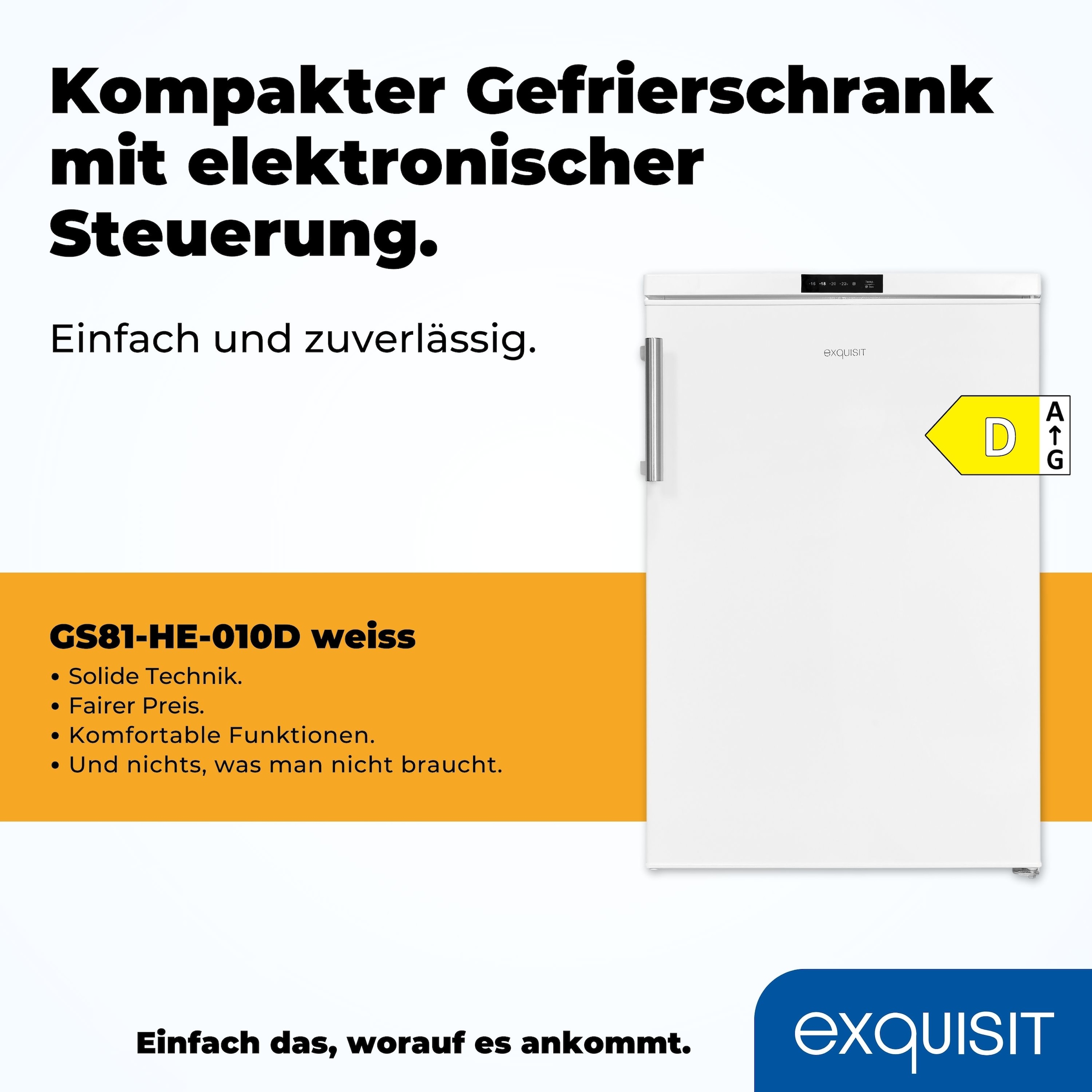 exquisit Gefrierschrank »GS81-HE-010D weiss«, 85,0 cm hoch, 56,0 cm breit, Tiefkühlschrank klein 85 L Volumen, Leiser Betrieb, Schnellgefrieren