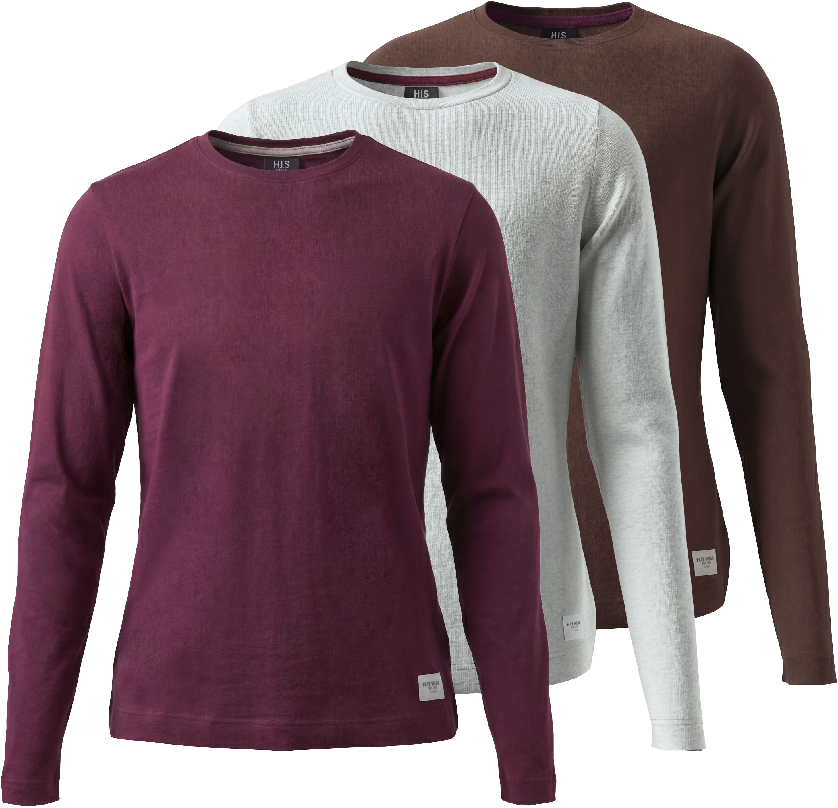 H.I.S Langarmshirt "3er Pack H.I.S Shirts in modischen Farben, Must-Have Basic" Packung, 3, 3 Basic Langarmshirts in Paket, hüftlang, Basic-Passform