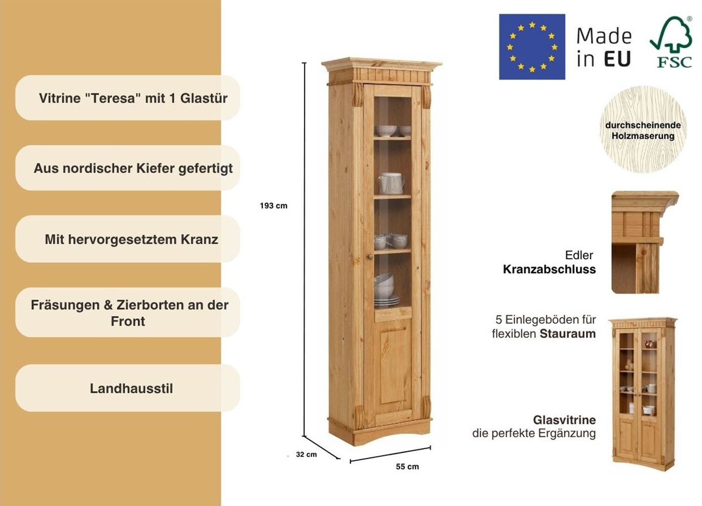 Home affaire Vitrine »Teresa«, (Maße (B/T/H): ca. 55/32/193 cm), mit 1 Glastür, Höhe 193 cm, aus massiver Kiefer, FSC®