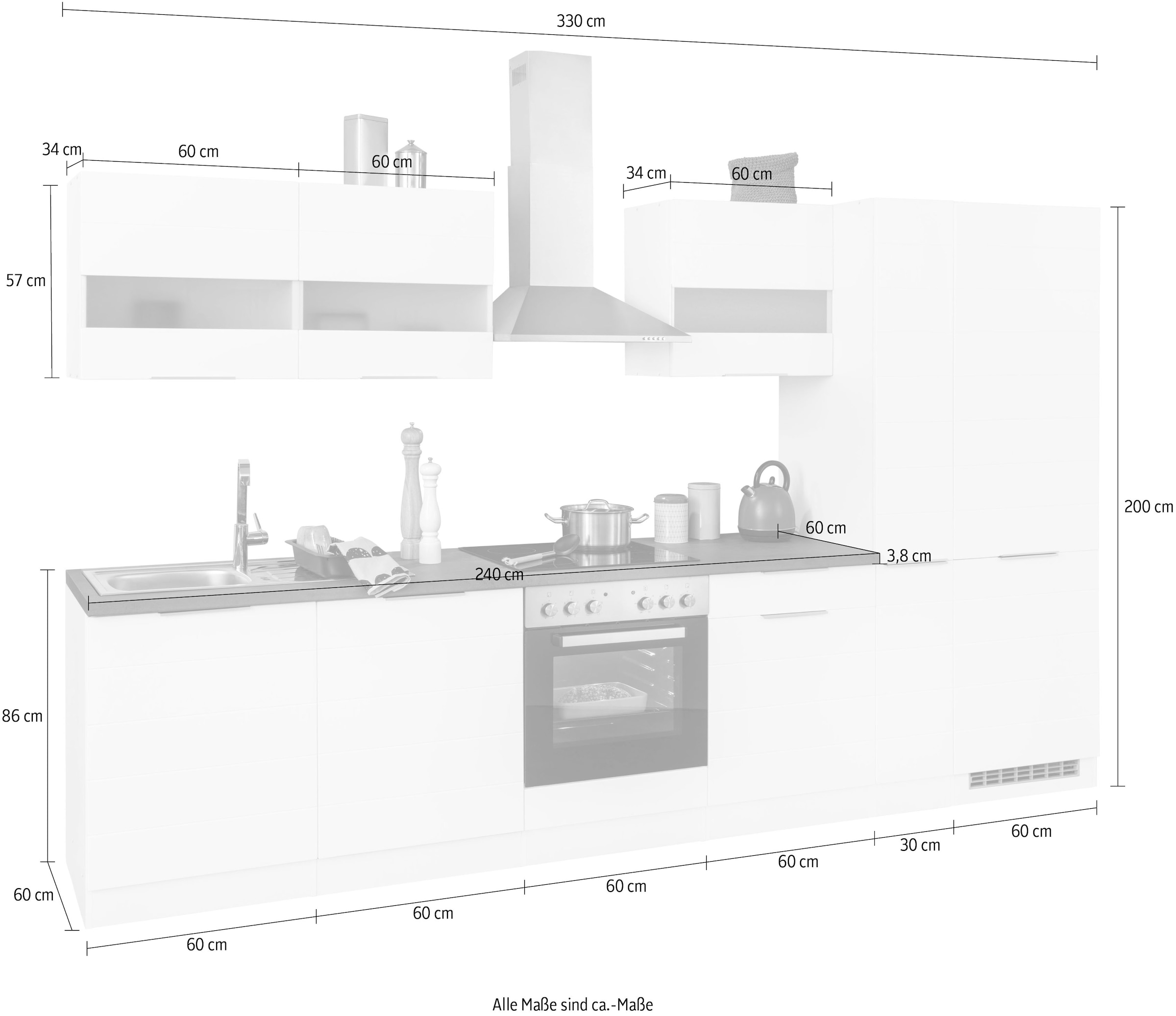 KOCHSTATION Küchenzeile »KS-Luhe« 330 cm breit, wahlweise mit oder ohne E-Geräten, gefräste MDF-Fronten