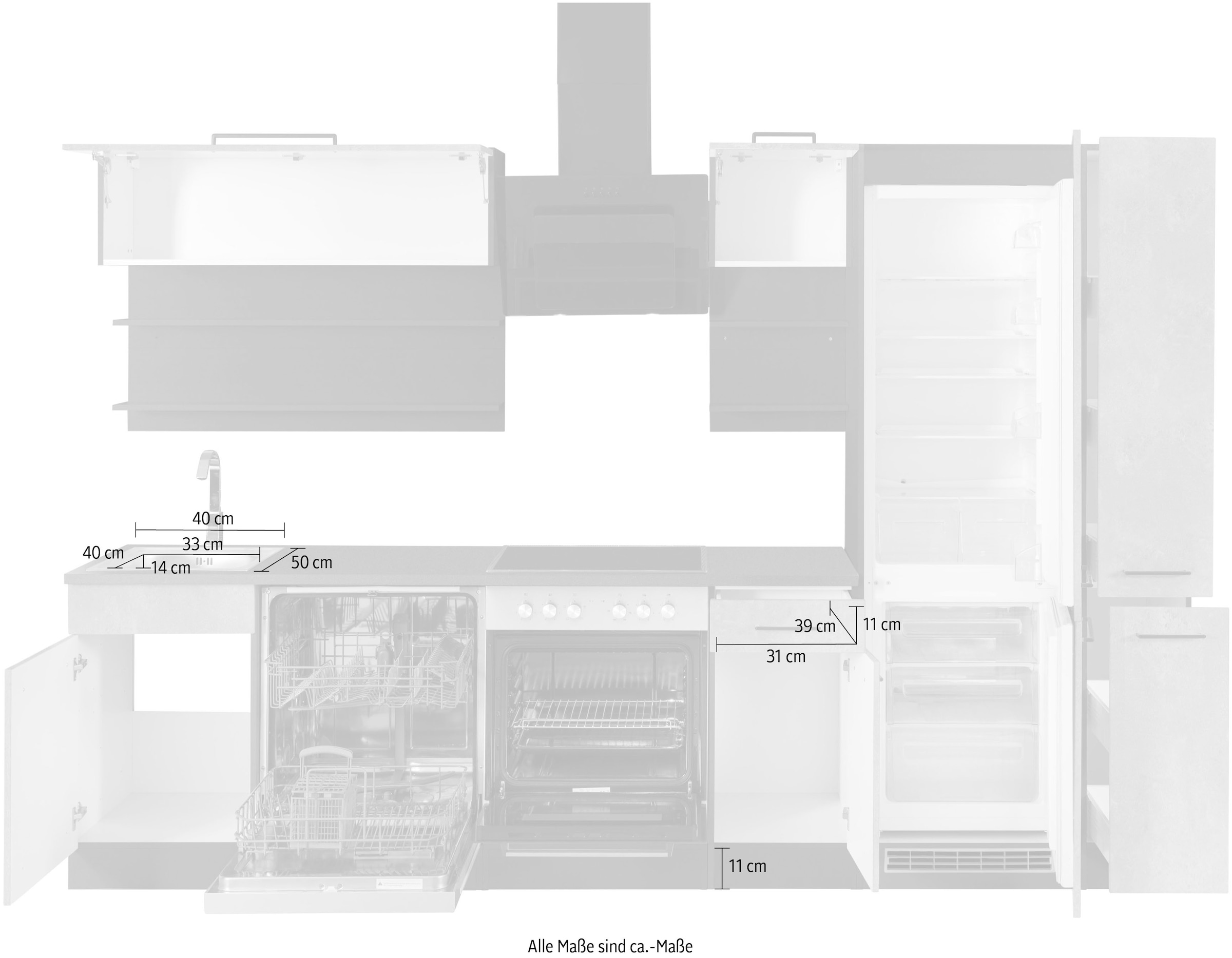KOCHSTATION Küchenzeile »KS-Tulsa«, ohne E-Geräte, Breite 300 cm, schwarze Metallgriffe, MDF Fronten