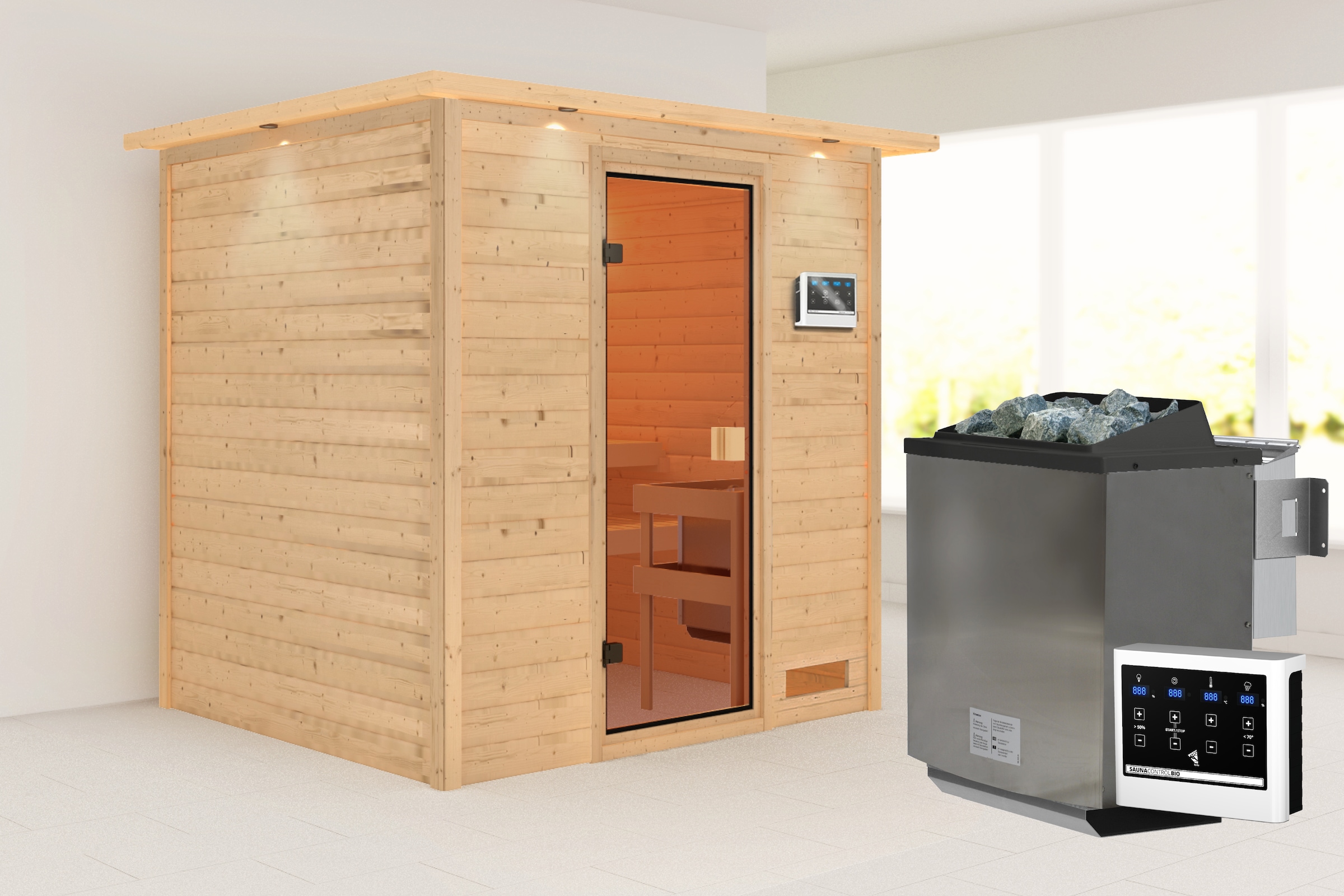 Karibu Sauna ""Ricky" mit bronzierter Tür und Kranz, naturbelassen" aus hochwertiger nordischer Fichte. 9 kW Ofen und integr. Steuerung