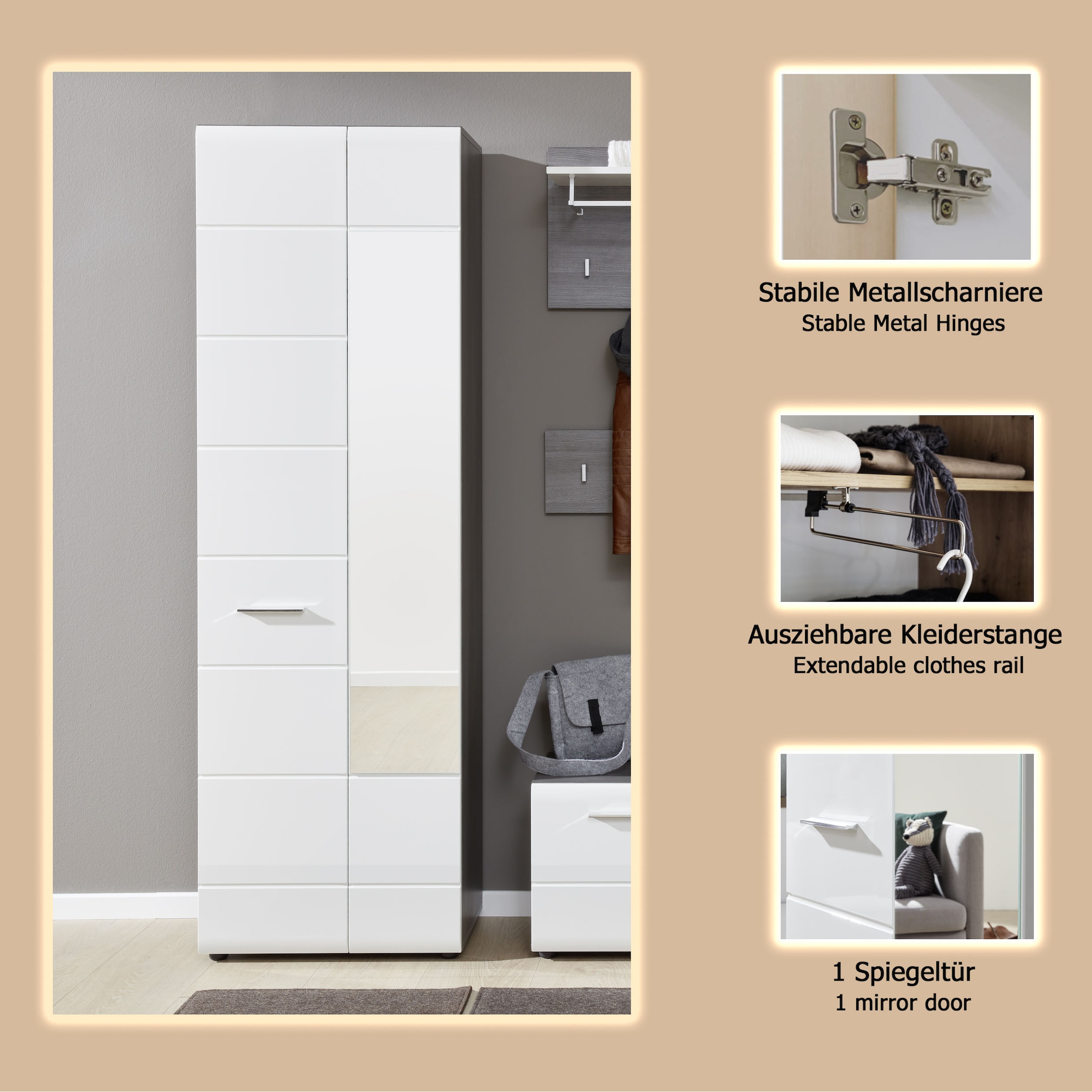 INOSIGN Garderobenschrank »Sovana«, Garderobenschrank mit 2 Türen & Spiegel - (B/T/H) 60/36/191 cm