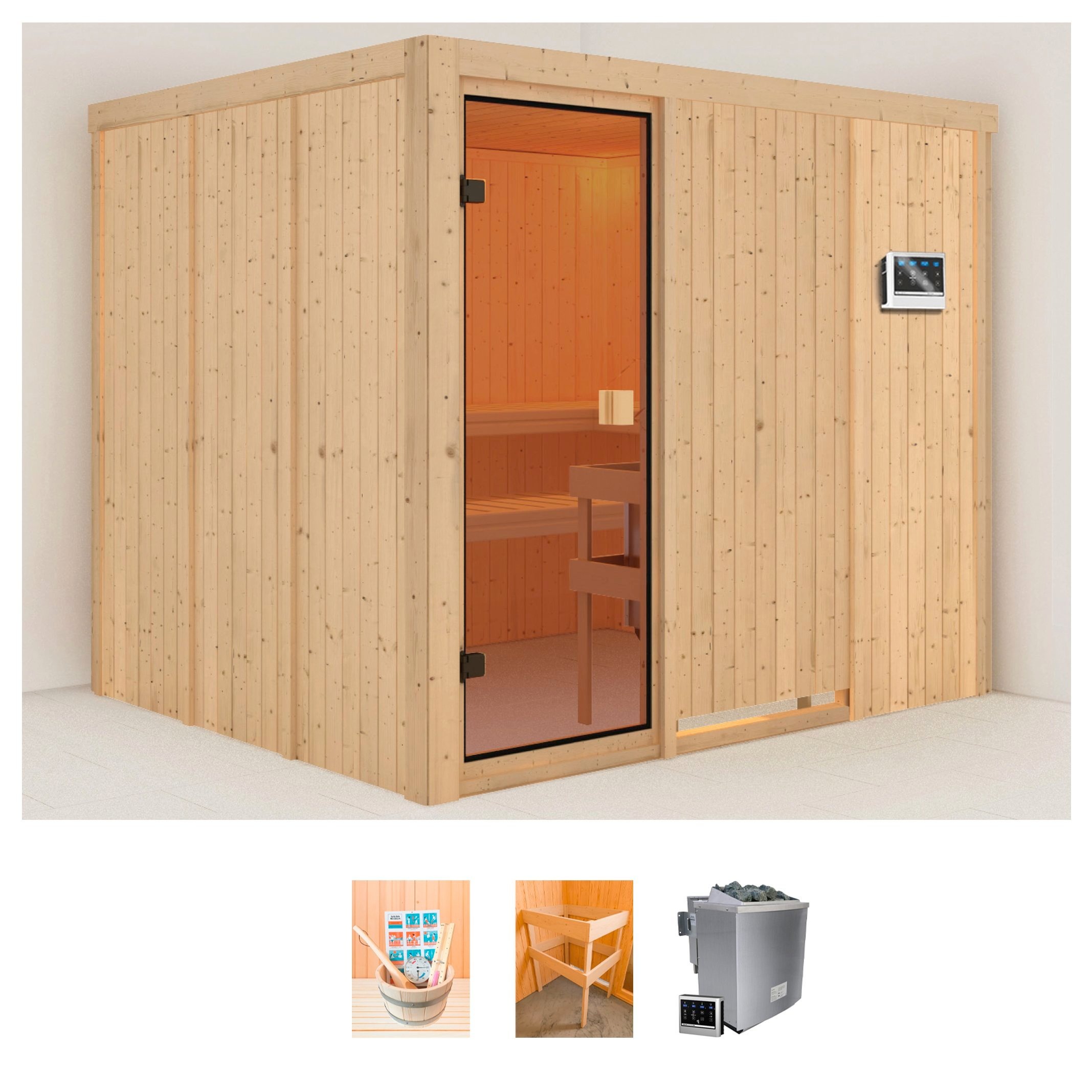welltime Sauna »Nadima«, (Set), 9-kW-Bio-Ofen mit ext. Steuerung, mit 6-tlg. Zubehörset kaufen
