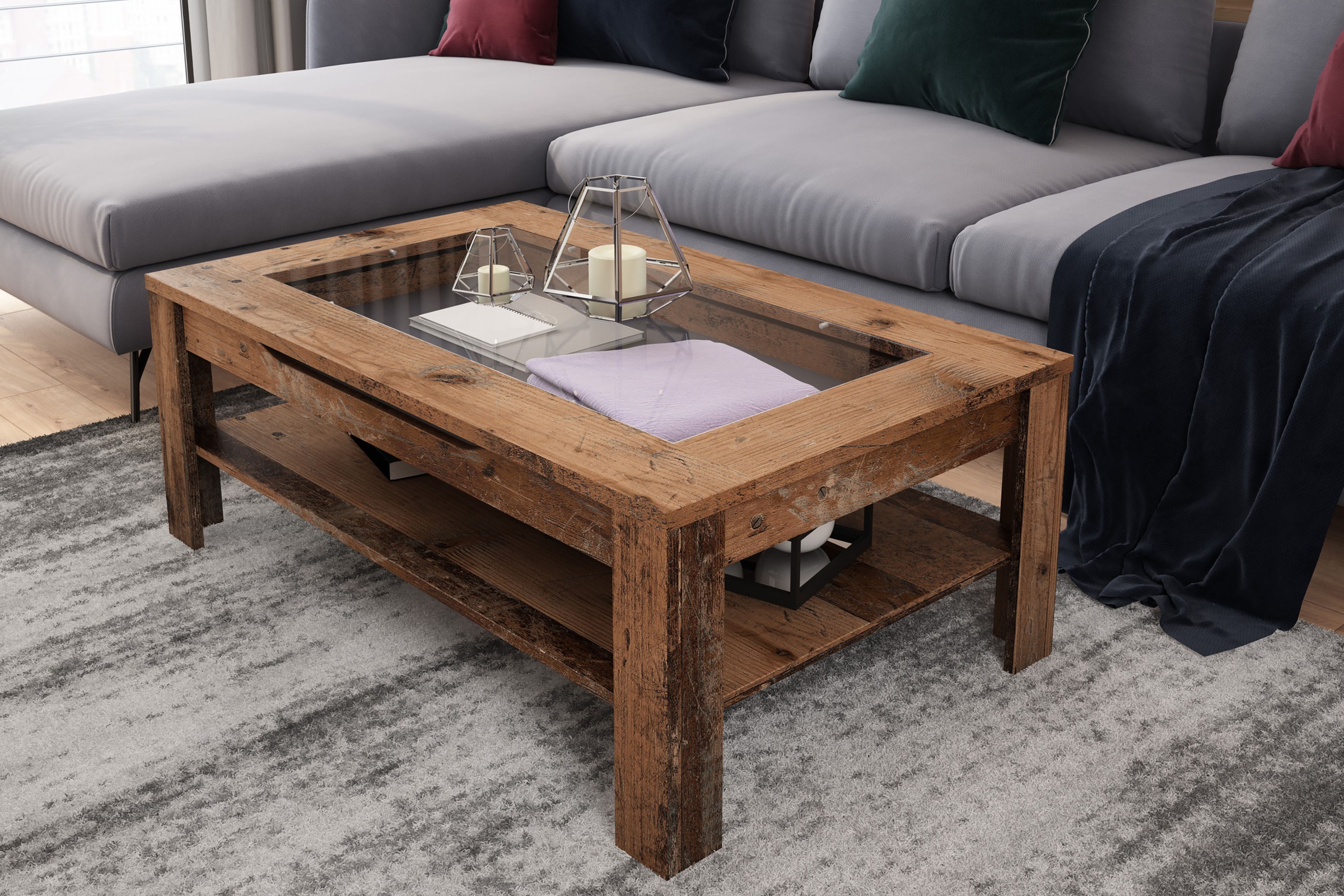 byLIVING Couchtisch "RALPH" Tischplatte mit Glaseinlage, Stauraum, 1 Schubkasten, Rollschubführung