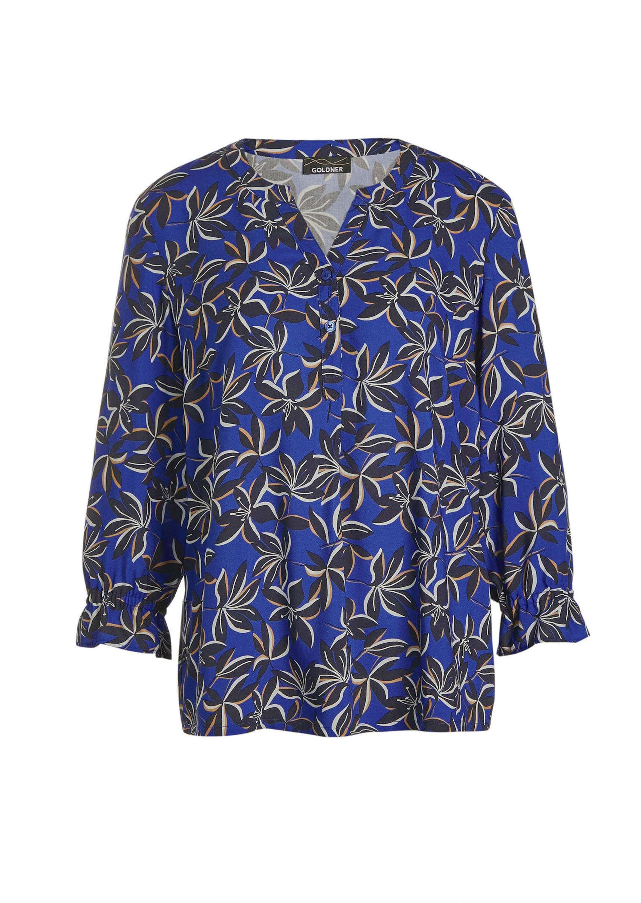 GOLDNER Schlupfbluse "Kurzgröße Elegante Printbluse mit Rundhalsausschnitt" Rüschen
