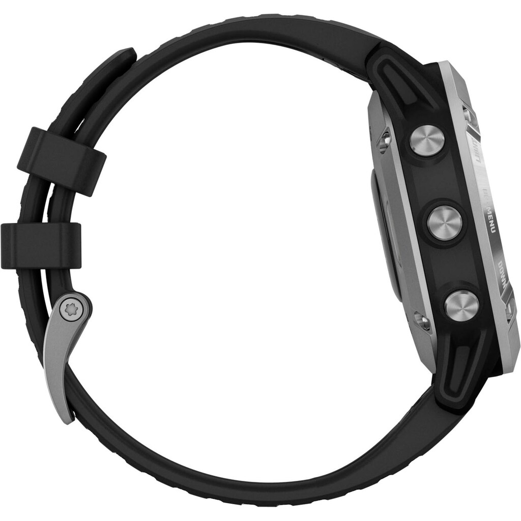 Garmin Smartwatch »FĒNIX® 6 SOLAR Schwarz/Silber mit QUICKFIT-Silikon-Armband 22mm Schwarz«, (Garmin)