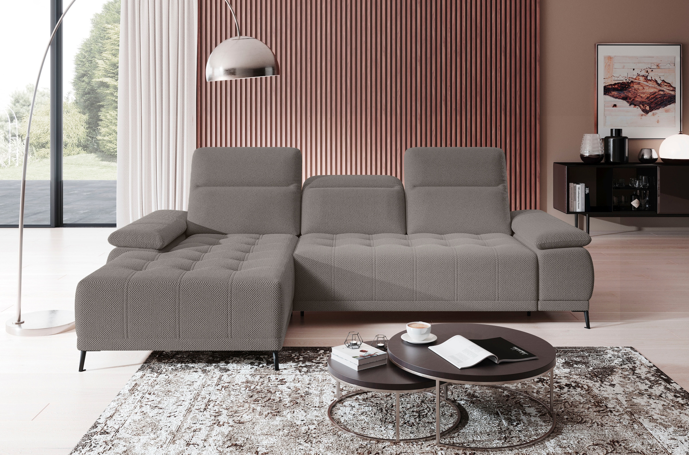 WERK2 Ecksofa "Focus-S 277 x 177 cm modern und bequem" Webstoff, L-Form, XXL, elektrische Sitztiefenverstellung
