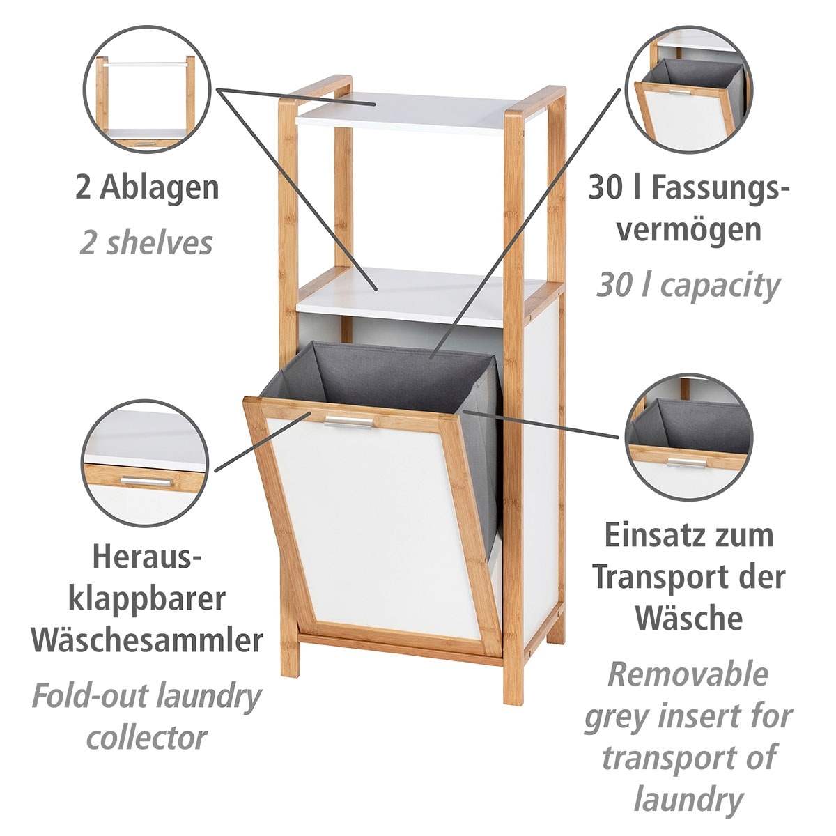 WENKO Ablageregal »Finja«, 2 Ablagen & integriertem Wäschesammler