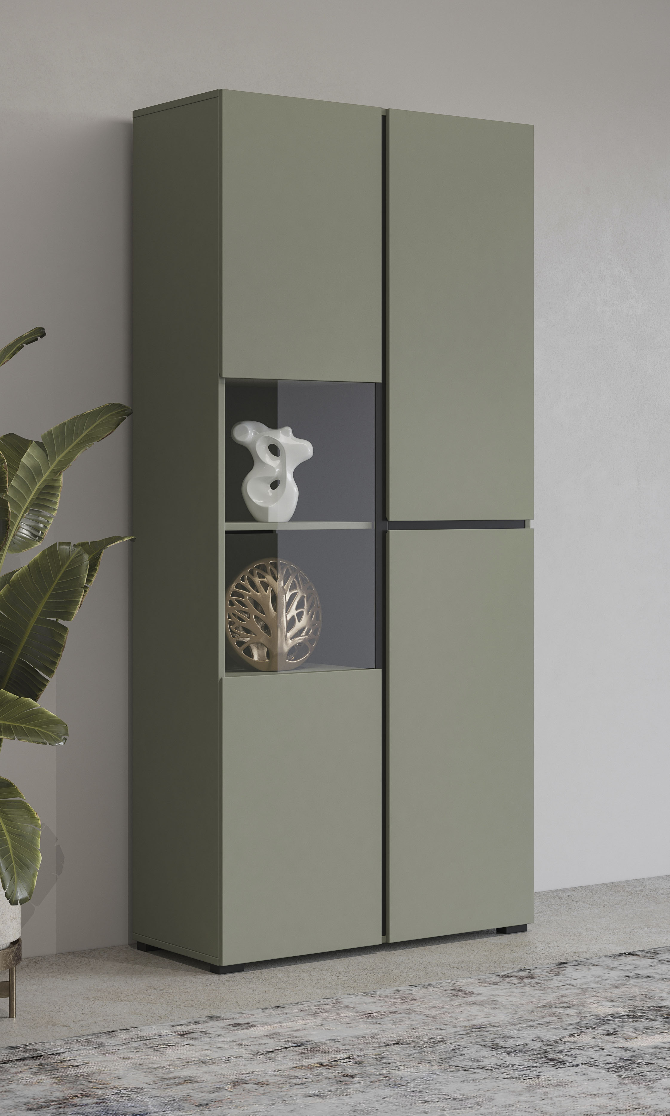 OTTO home Vitrine "Cross, Höhe 183,5 cm, moderne grifflose Standvitrine mit 3 Türen" Hochschrank mit viel Stauraum, Glastür und verstellbaren Einlegeböden