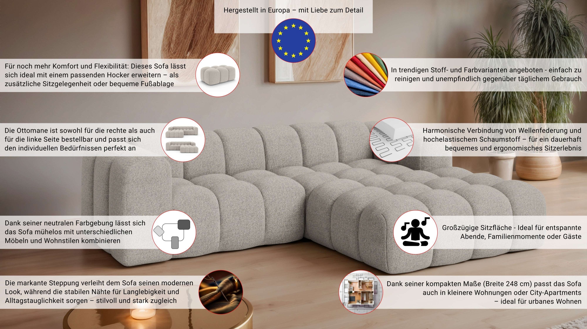 OTTO home Ecksofa »KALLIE Design-Sofa mit Wellenunterfederung, Bubble-Optik, 248/186/72cm«, moderne Steppung, hoher Sitzkomfort und modernes Design