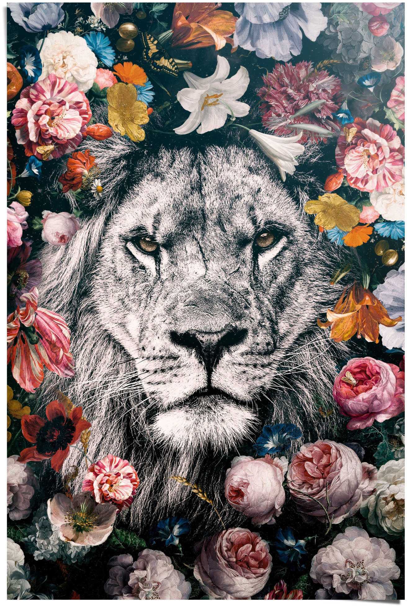 Reinders Poster "Löwe Blumenkranz - Pflanzen - Farbenfroh" 1 Stk. tlg. günstig online kaufen