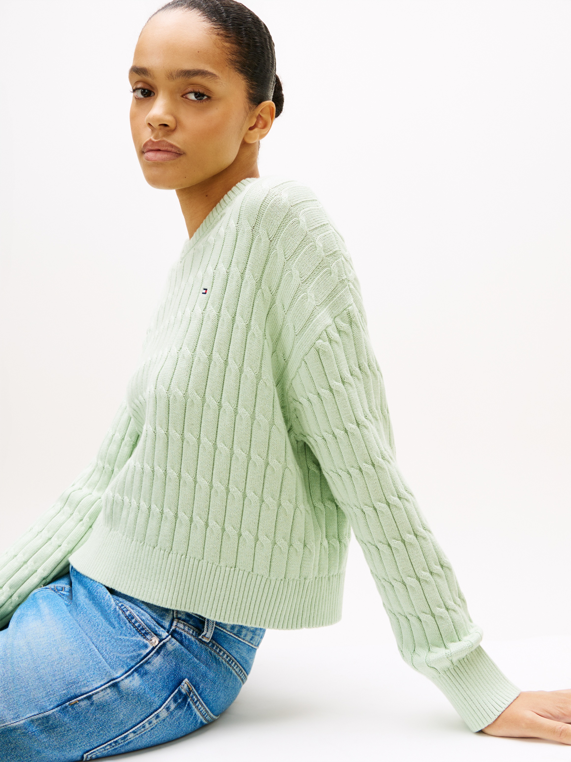 Tommy Hilfiger Strickpullover "CO CABLE MID GG RLX LS V-NK SWT" mit Zopfmus günstig online kaufen