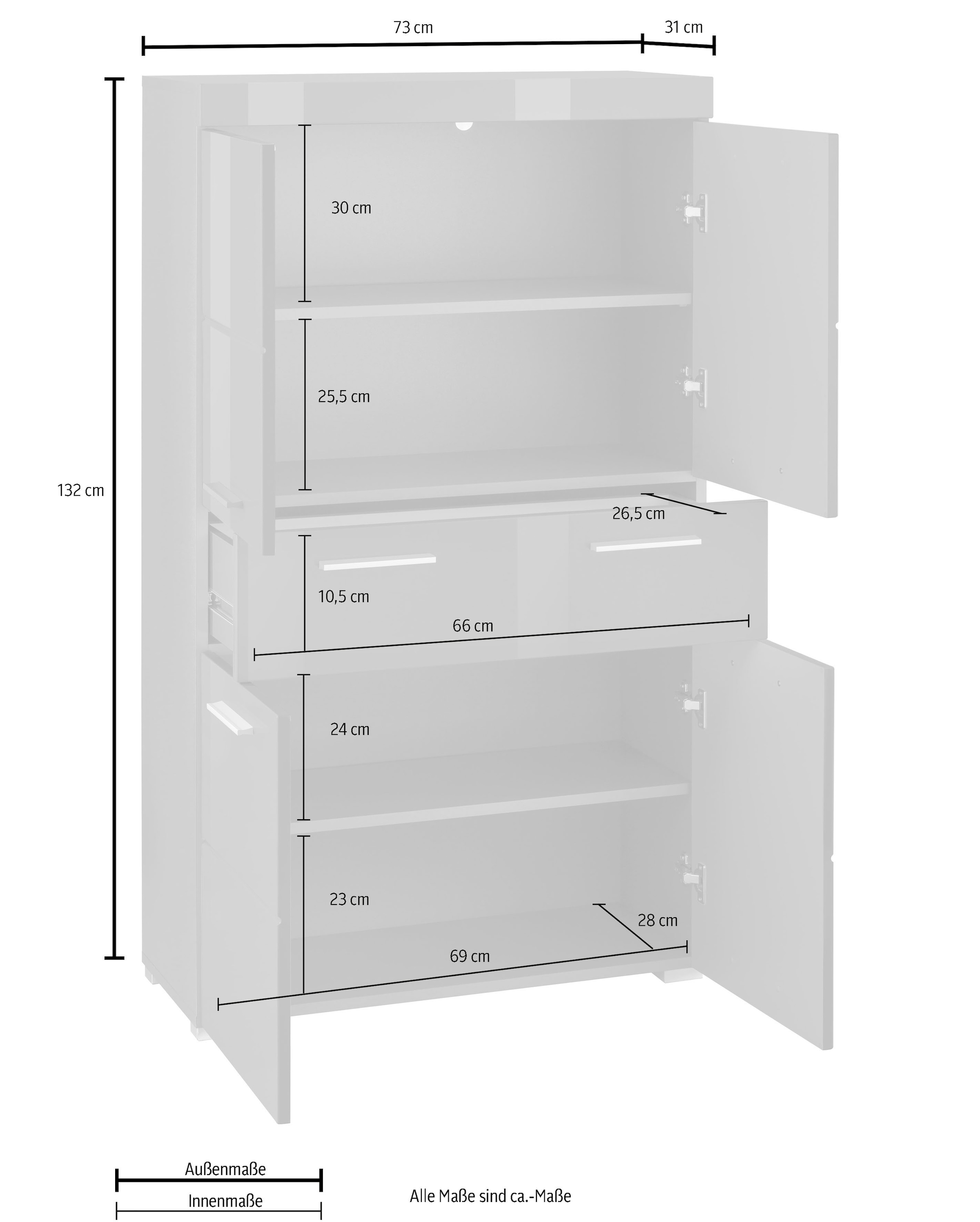 welltime Midischrank »Avena« Standschrank mit 4 Türen, 1 Schublade - (B/T/H) 73/31/130 cm