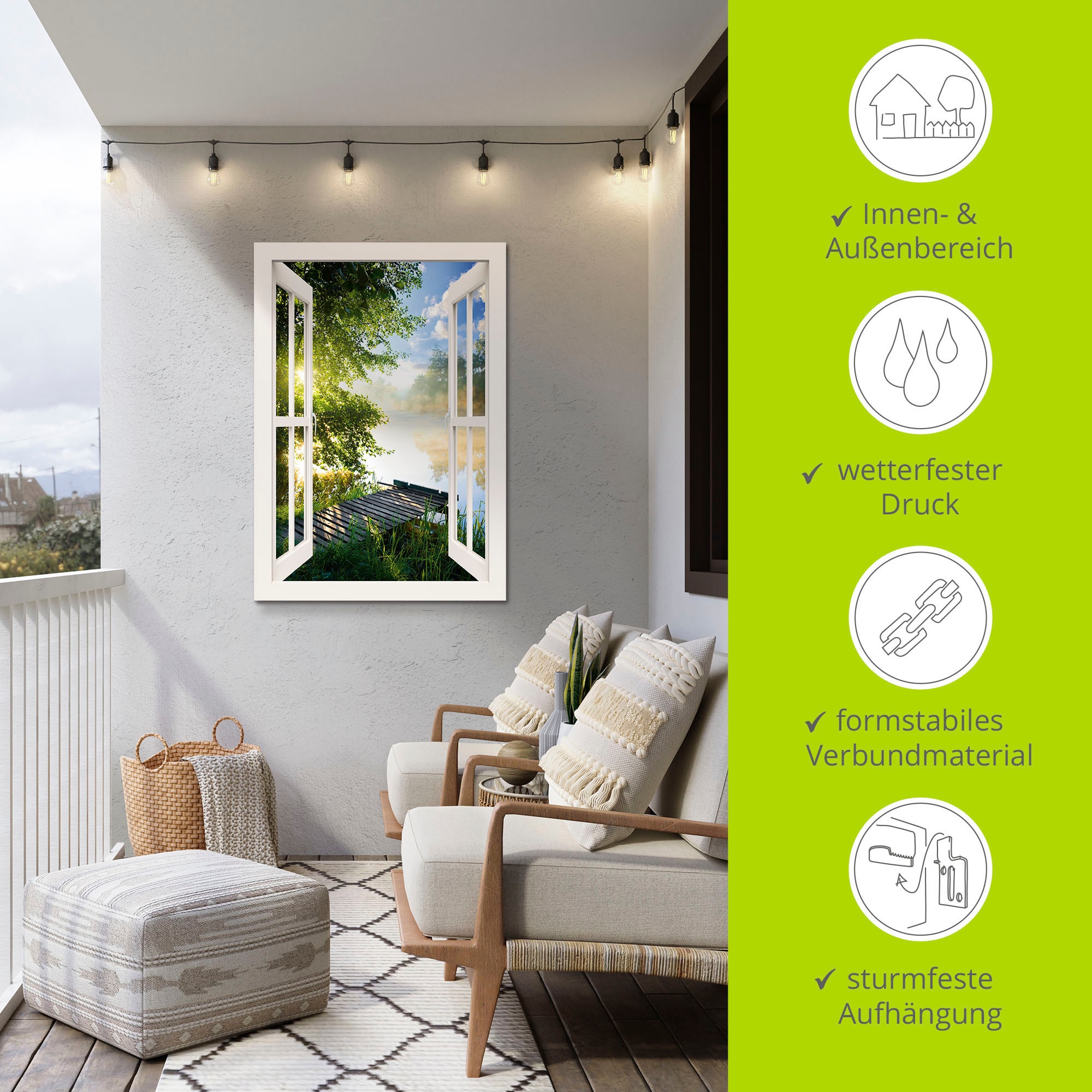 Artland Wandbild »Fensterblick Angelsteg am Fluss«, Fensterblick, (1 St.), als Alubild, Outdoorbild, Leinwandbild, Poster, Wandaufkleber