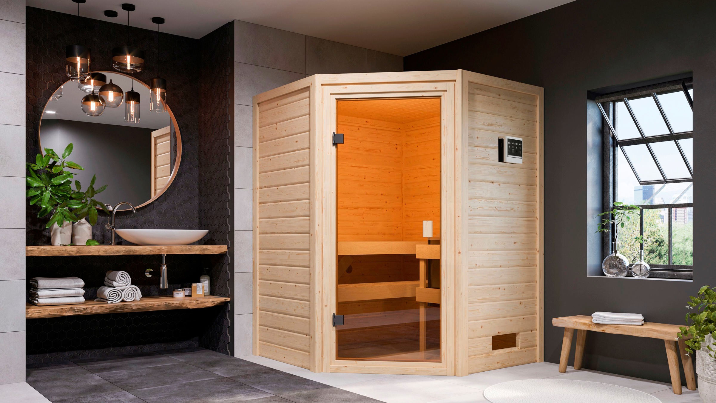 welltime Sauna »Anni«, 3,6-kW-Bio-Plug & Play Ofen mit ext. Steuerung