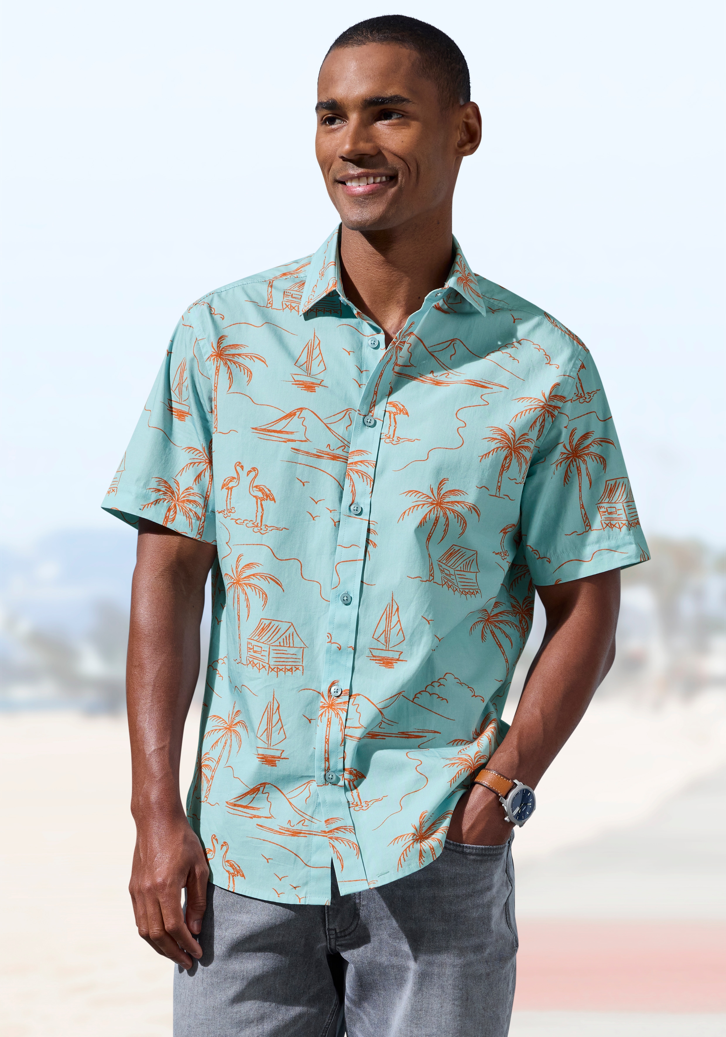 John Devin Hawaiihemd ", sommerliches Kurzarmhemd mit kontrastfarbigem Palmen Druck"