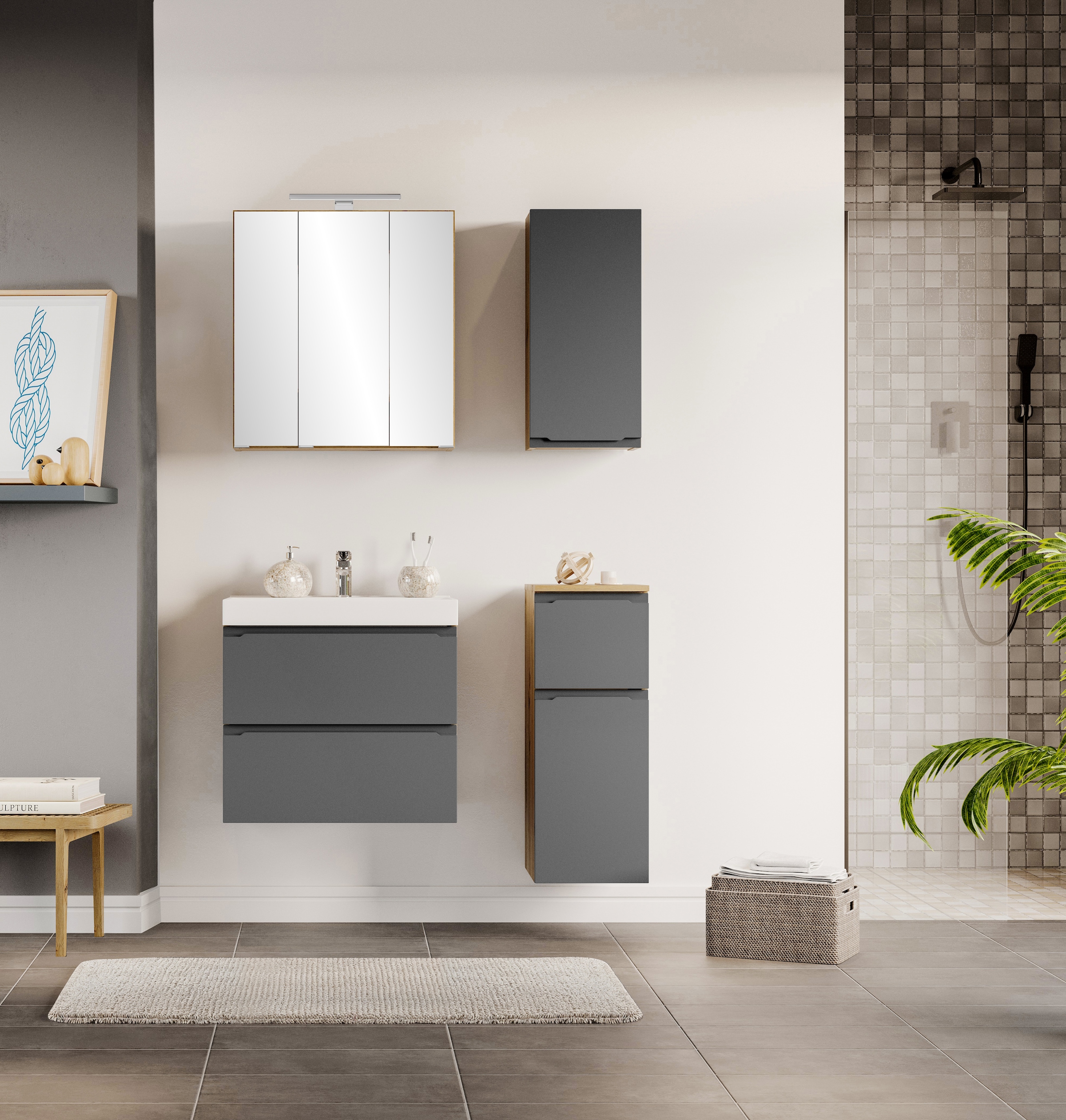 welltime Unterschrank »CABO, gedämpfte Scharniere, Softclose-Auszug« matt grau, griffloses Design, reversibel
