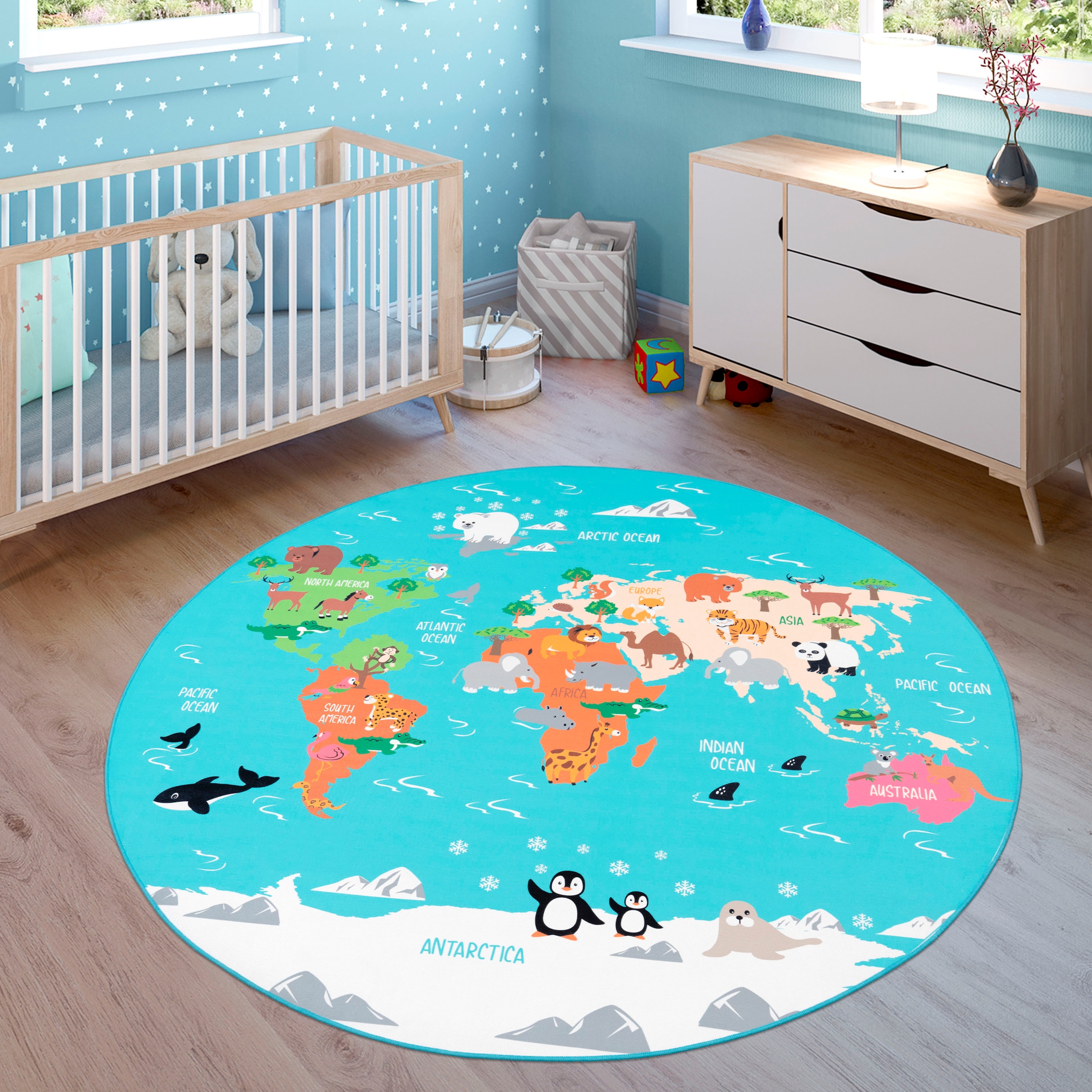 Paco Home Kinderteppich »Bino 564«, rund, 4 mm Höhe, Kurzflor, Motiv Weltkarte, Kinderzimmer