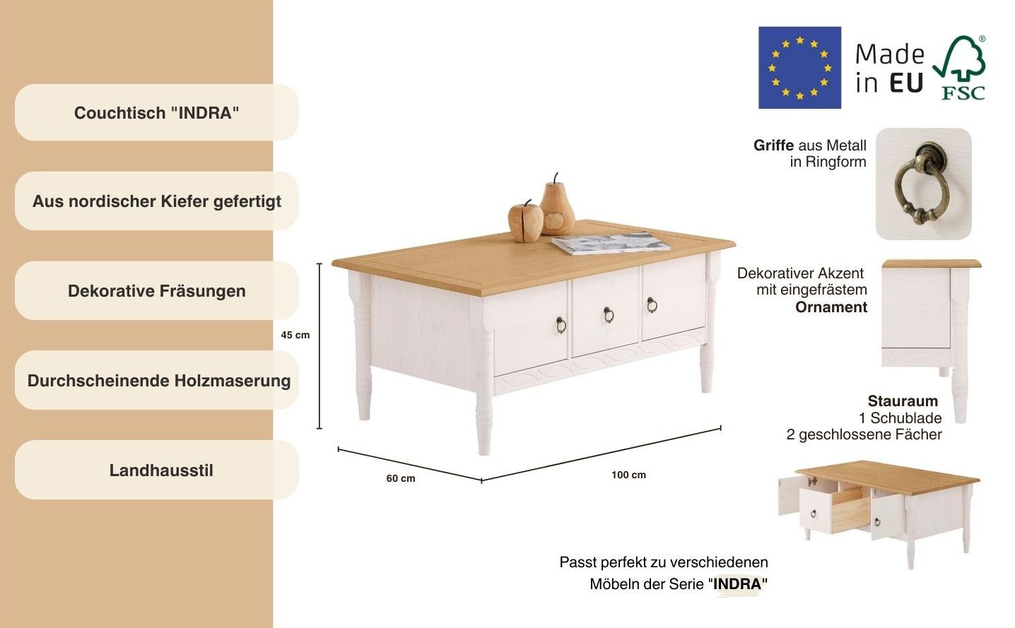 Thumbnail - Home affaire Couchtisch "Indra", aus massiver Kiefer, FSC, mit Stauraum, dezentes Ornament