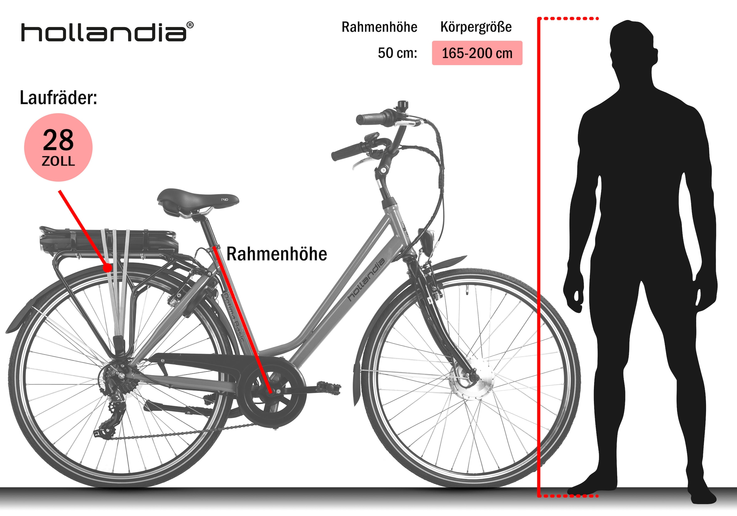 Hollandia »Optima Basic« 7 Gang Shimano Tourney Schaltwerk Kettenschaltung Frontmotor 250 W Pedelec, Elektrofahrrad für Damen u. Herren