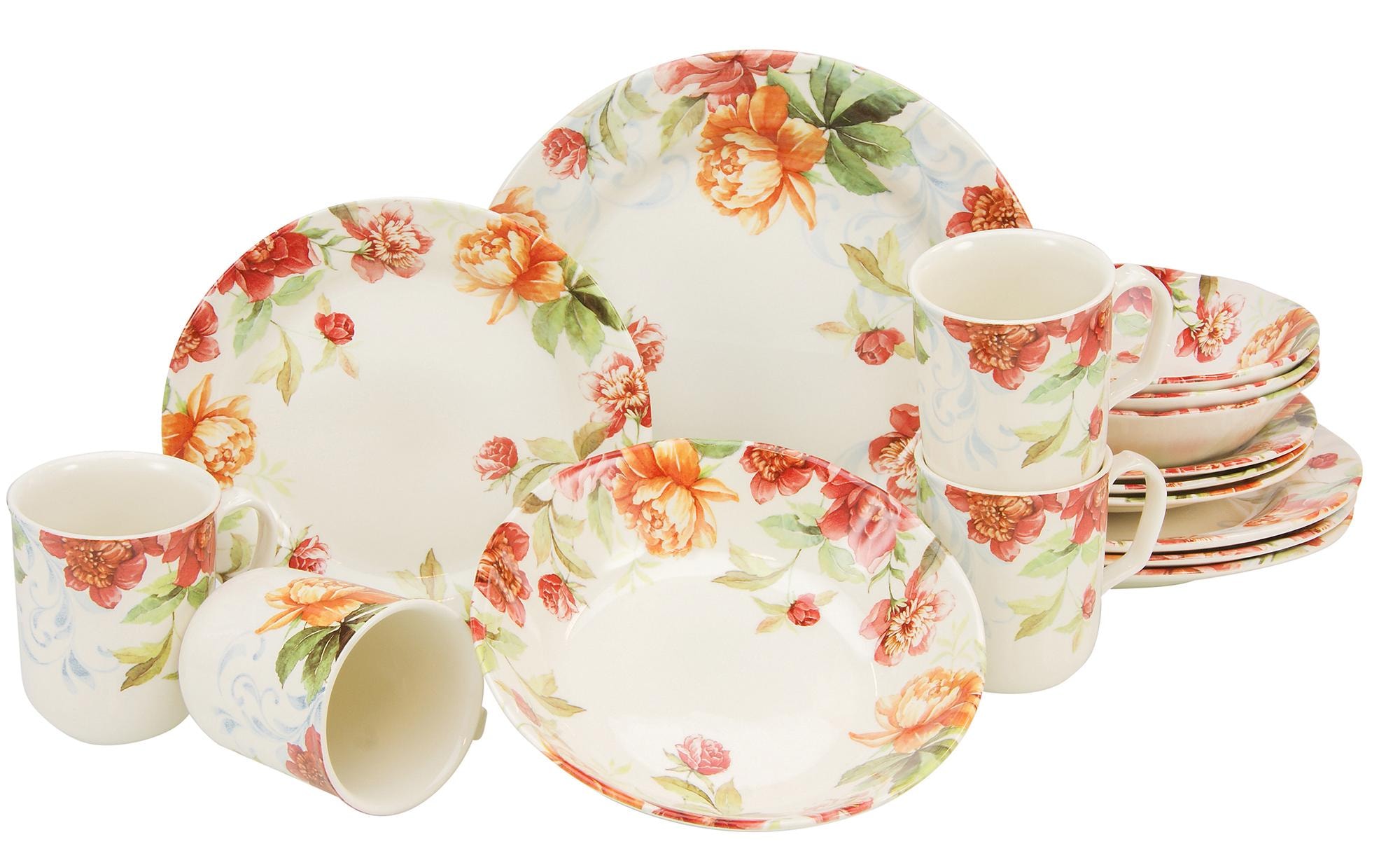 CreaTable Kombiservice »Geschirr-Set Modern Floral«, (Set, 16 tlg.,  Kaffeeservice und Tafelservice im Set, für 4 Personen), Service, oppulentes  Rosendekor, 16 Teile, für 4 Personen | BAUR