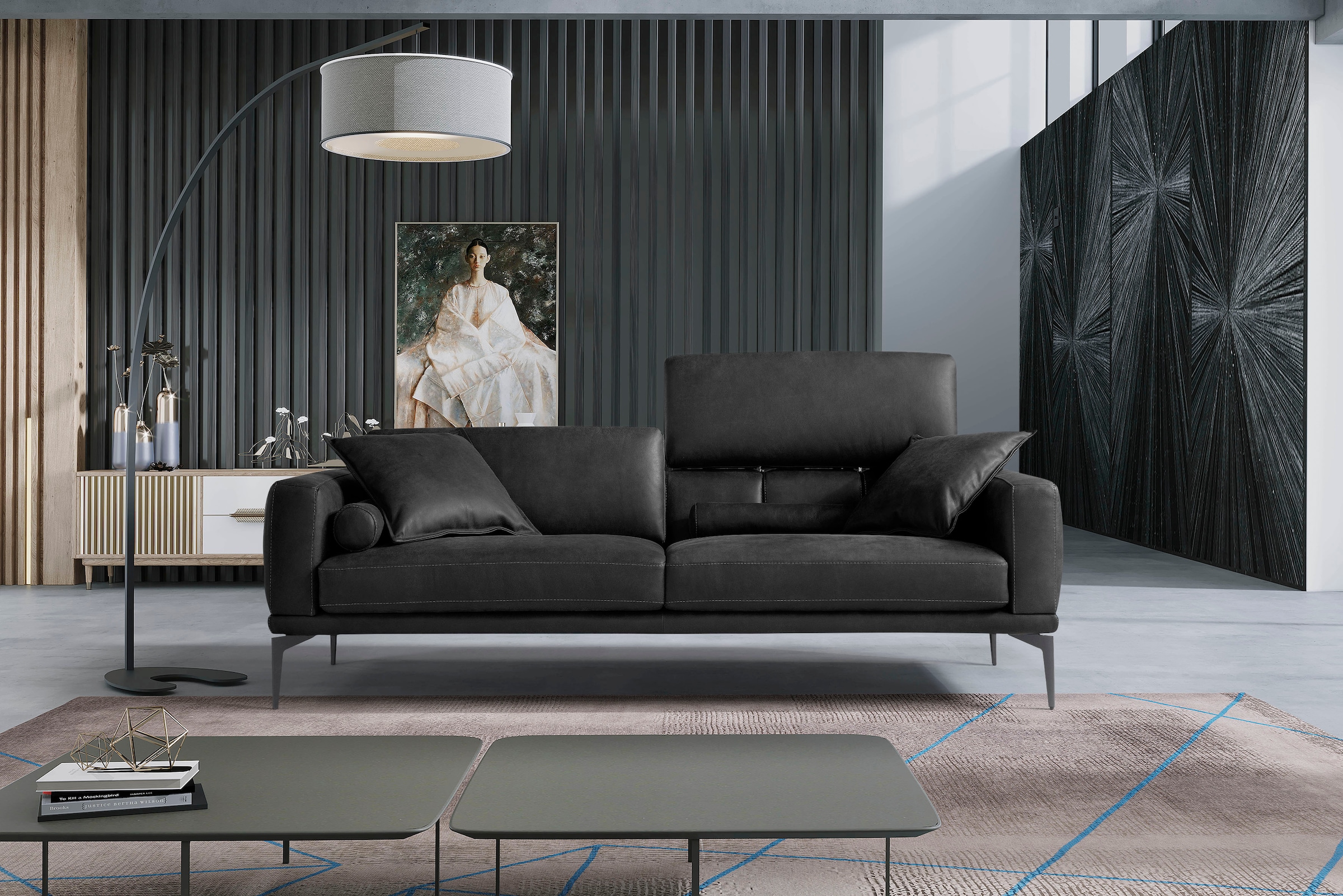 Egoitaliano 2,5-Sitzer "Masu, Designsofa mit erstklassigem Sitzkomfort, Breite 218cm" inkl. 2 Kissenrollen, Rückenelemente manuell verstellbar, Metallfüße