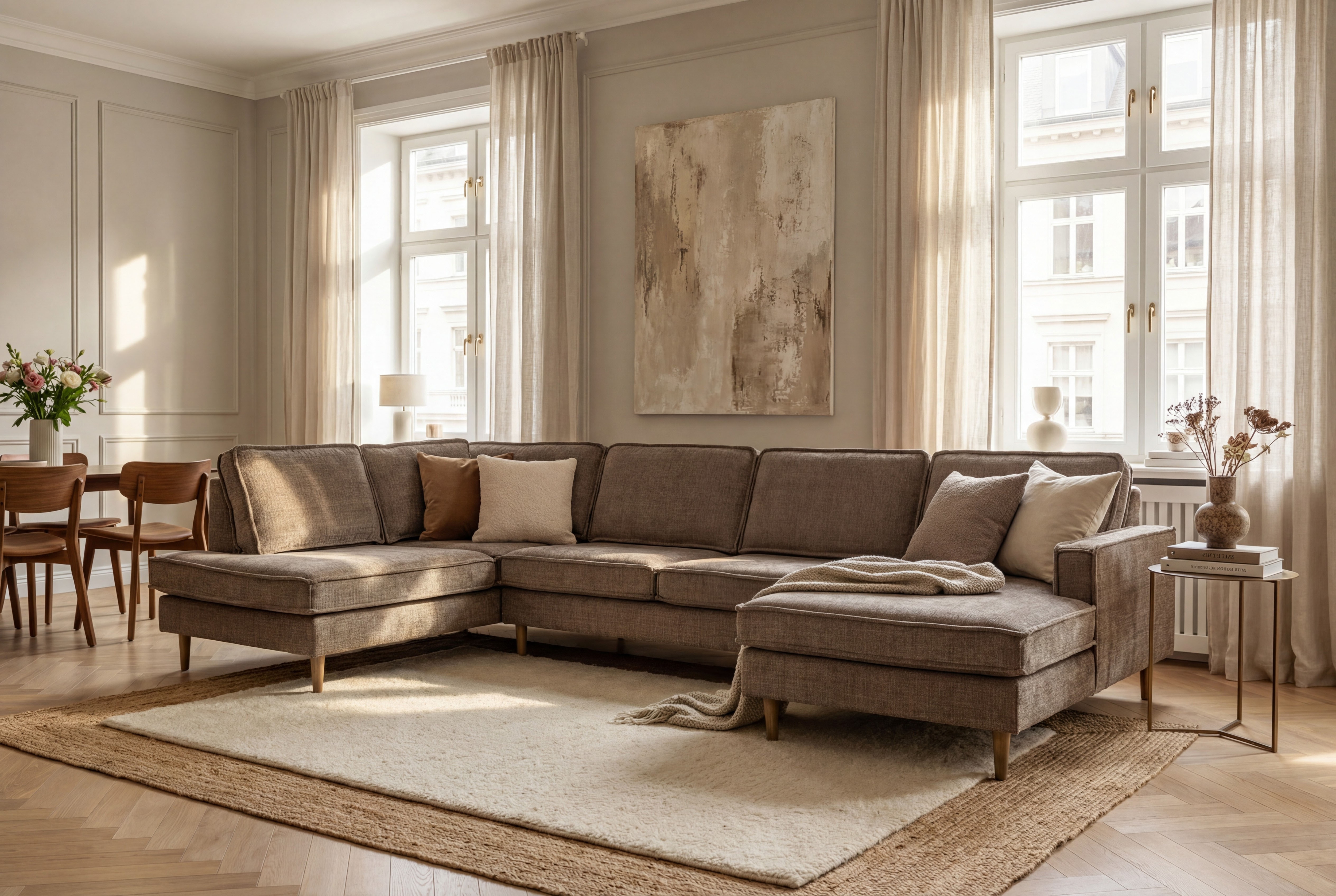 OTTO home Wohnlandschaft "Pinto Skandi, 350 cm, U-Form, XXL, mit Ottomanen" mit Keder, Massivholzfüße Eiche geräuchert, Wellenunterfederung