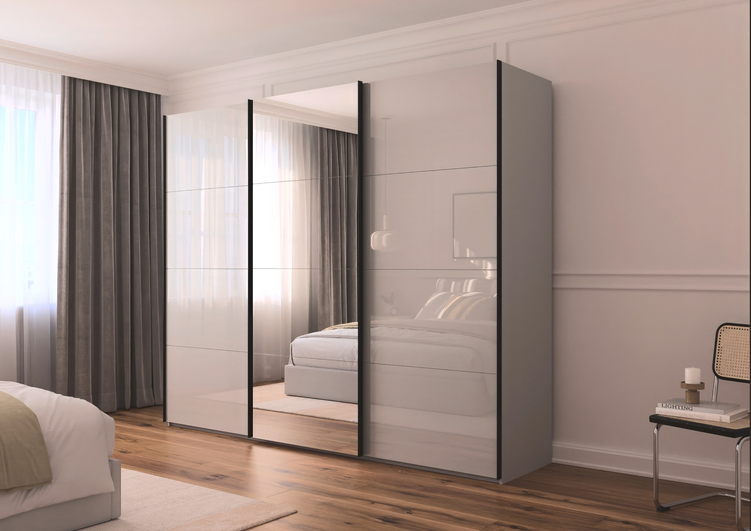 rauch Schwebetürenschrank »Kleiderschrank Schrank Garderobe Schlafzimmerschrank SCALE-FYRA«, edle viergeteilte Türen Spiegel/Glas-Mix viele Farben MADE IN GERMANY