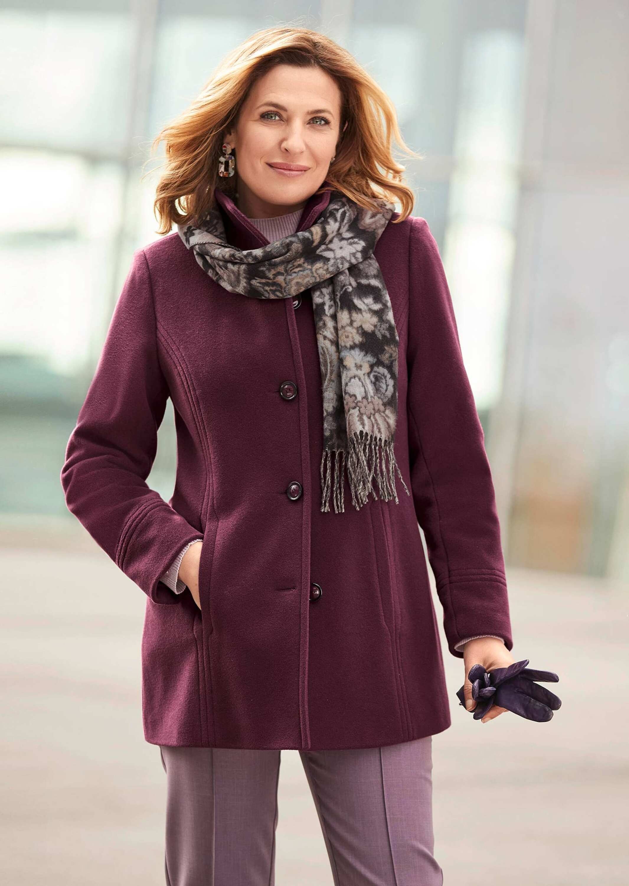 Wolljacke GOLDNER "Kurzgröße Wolljacke mit feinen Details", Damen, Gr. 19, lila (pflaume), Obermaterial: 60% Wolle WO. 25% Polyester PES. 10% Polyamid PA. 5% sonstige Fasern AF., Sonstiges, Jacken, Vielseitig zu kombinieren 2