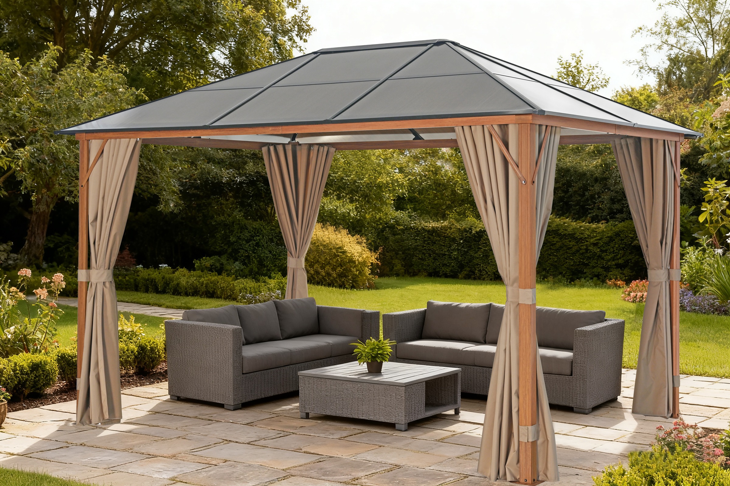 Pavillon KONIFERAbeige, Garten, Pavillons, "Aruba", BxT: 3x4m, robustes Aluminiumgestell mit PC-Dach