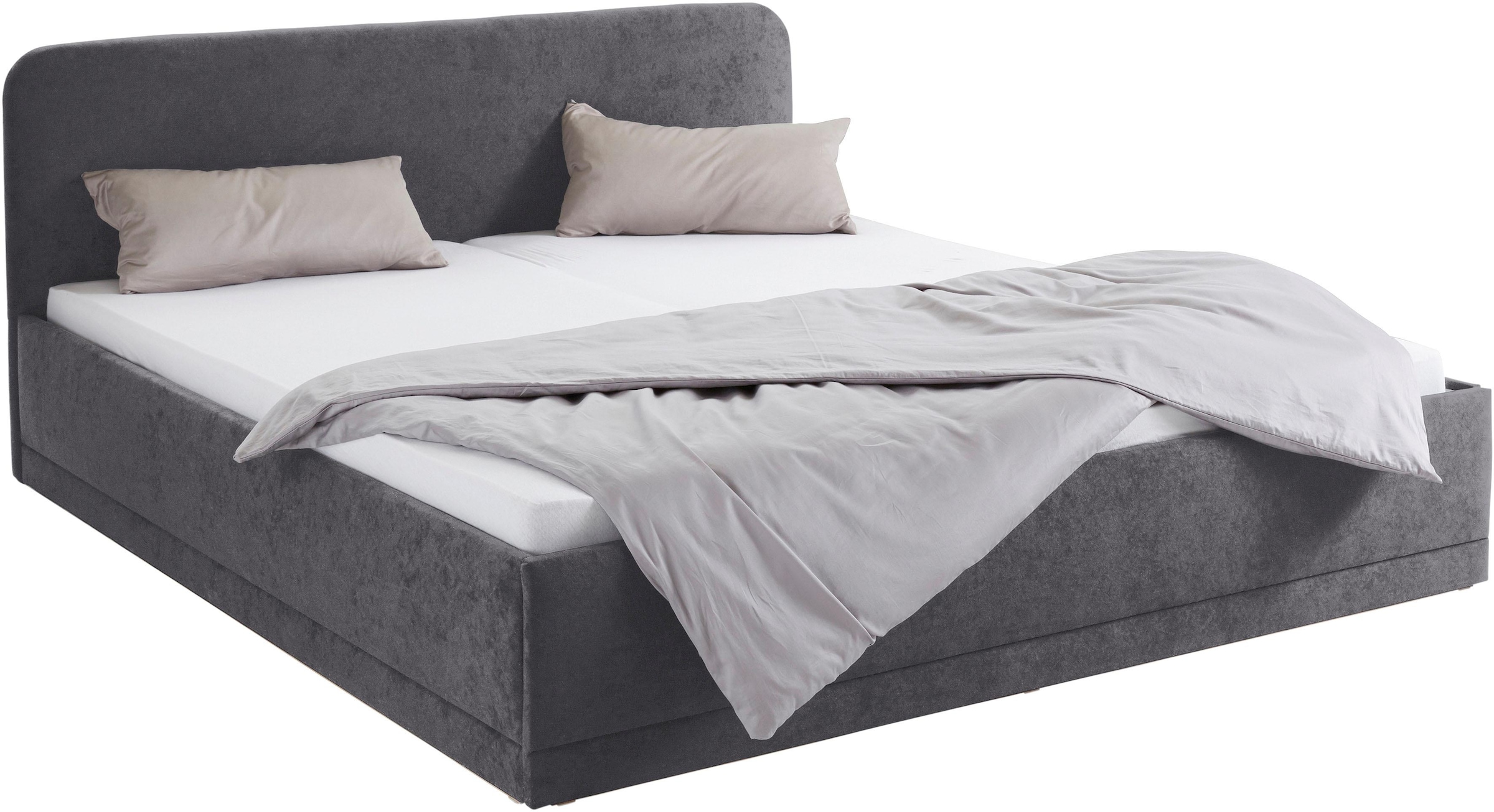 Polsterbett, grau (anthrazit), B:190cm L:210cm, Bezug Bett: wahlweise Microfaser (100% Polyester), Strukturstoff (77% Polyester, 23% Viskose) oder Kunstleder;Bonnell-Federkernmatratze: Mischgewebe (51% Polyprophlen, 39% Polyester, 10% Baumwolle);Kaltschau 9